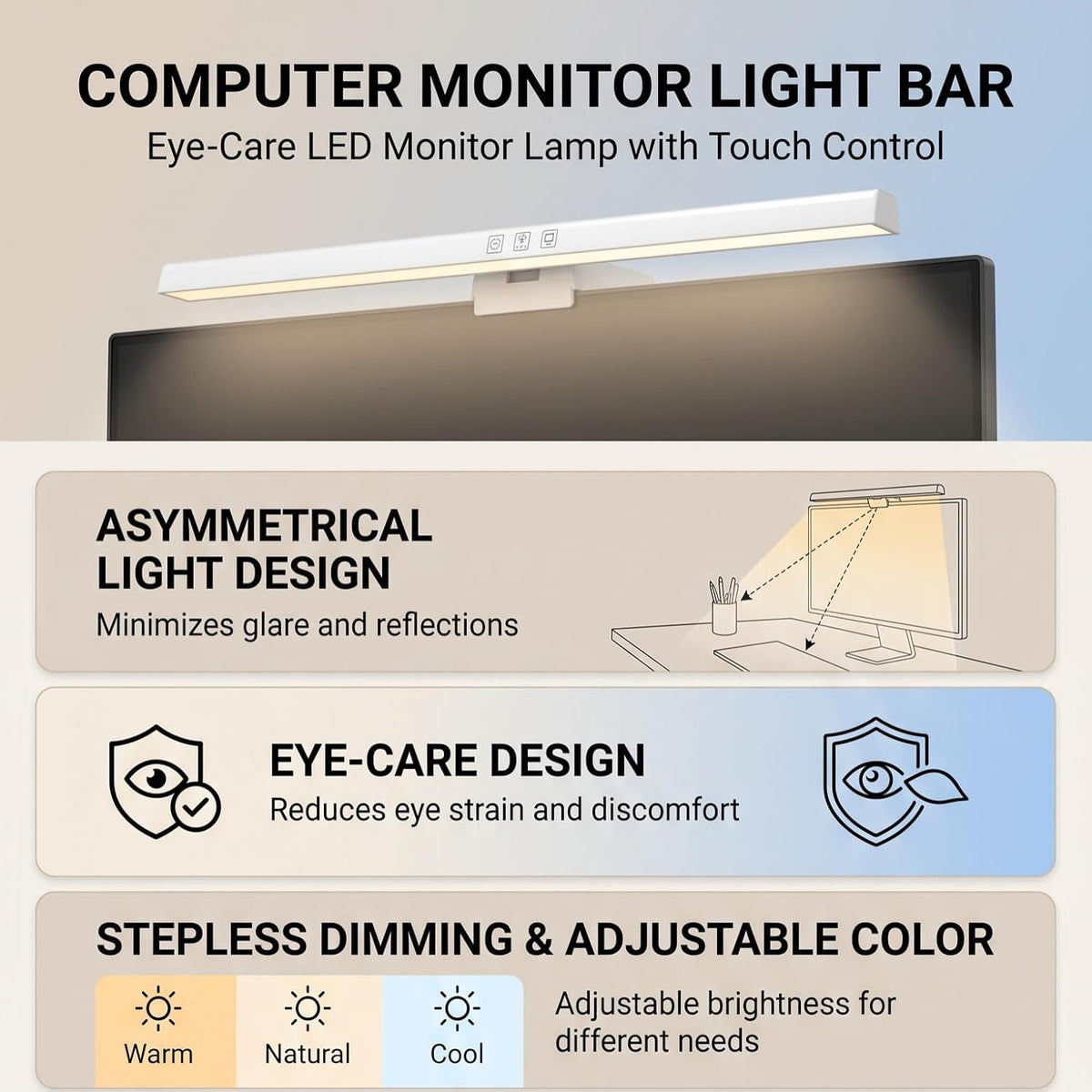 GLOGLOW Monitor Light Bar, ABS Touch Control LED Screen Lamp (White)