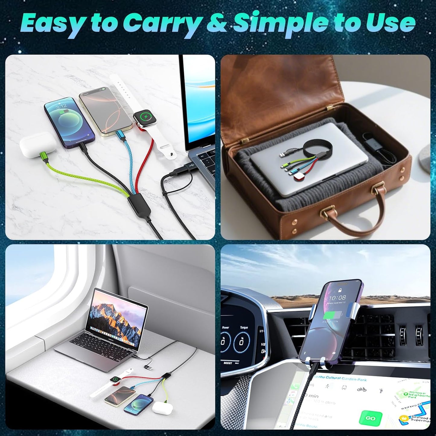 Multi Charging Cable with iWatch Charger, 2 Pack 5FT Travel Essentials | One Cable Charges Multiple Devices, Perfect for Travel, Cruises, Road Trips and Everyday Use while Reducing Cable Clutter