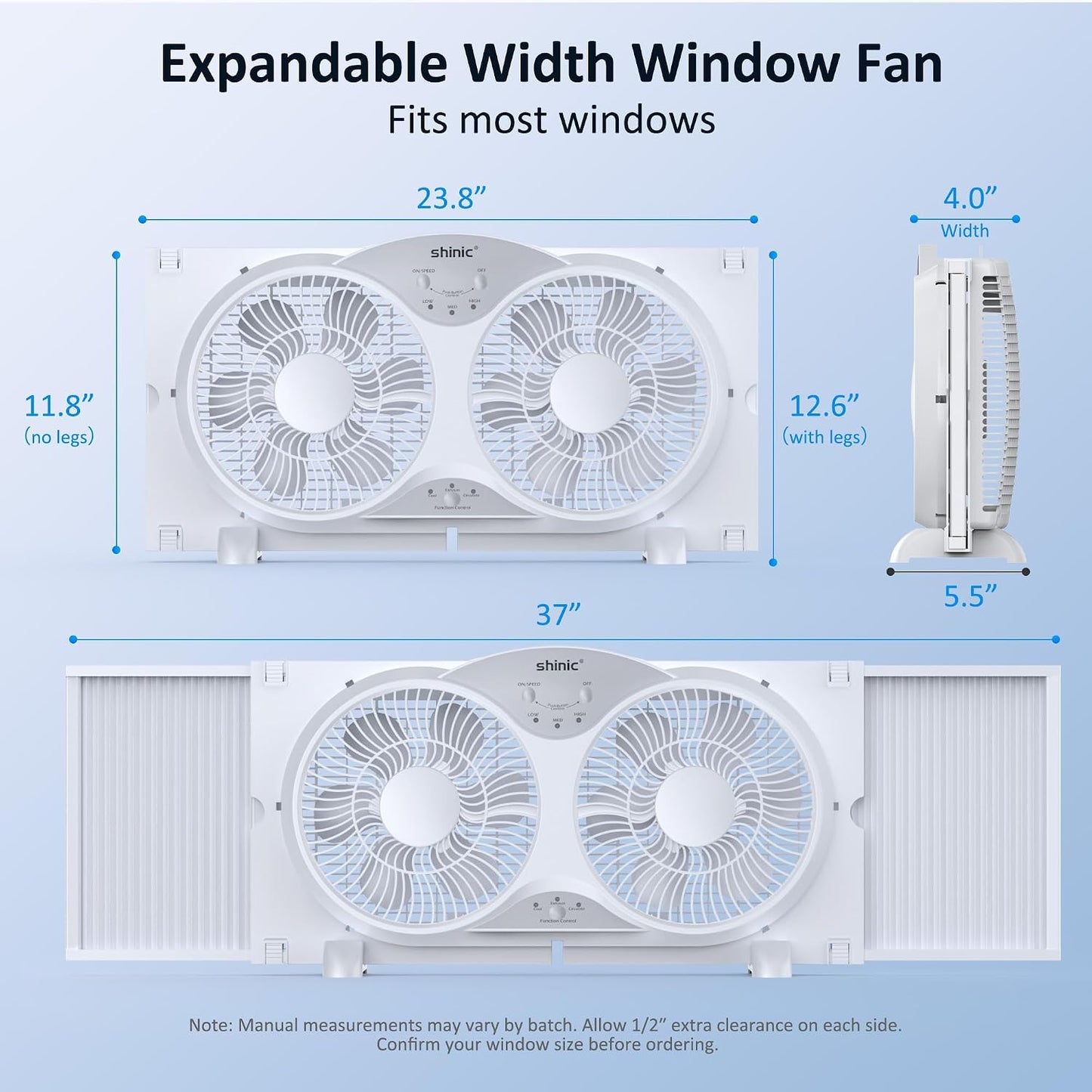 shinic 2026 9 Inch Twin Window Fan – Quiet, Reversible Airflow, with Removable Cover and Bug Screen, 3 Speeds, Adjustable Width 23.5"-37", ETL Certified for Bathroom/Kitchen, ETL Certified