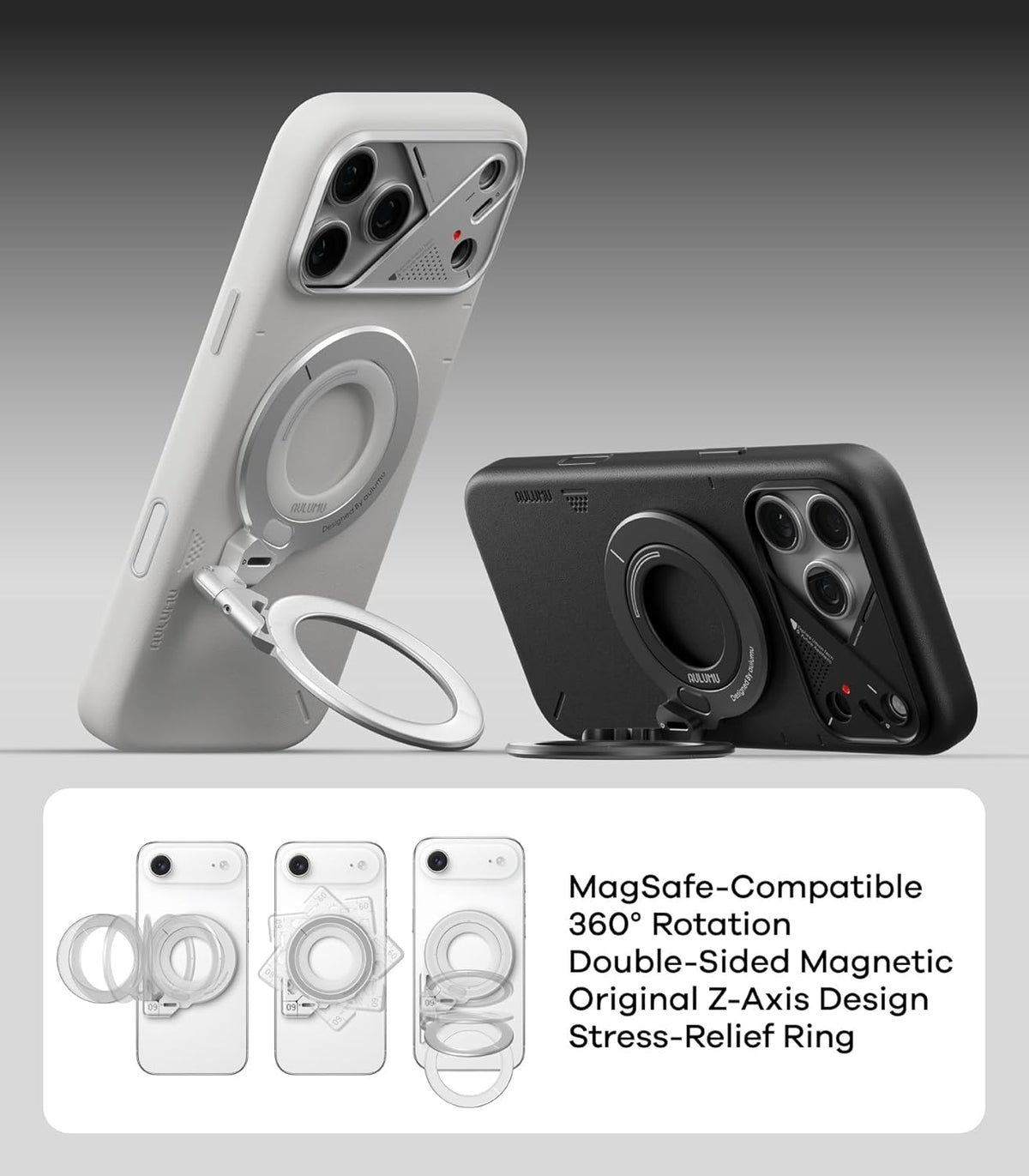 Aulumu G09 Magnetic Ring Grip | Omnidirectional Rotation | MagSafe Compatible | Aluminium Alloy Construction | Stable Dual-Sided Magnetic Attachment | Includes Handle Ring Phone Stand- Black