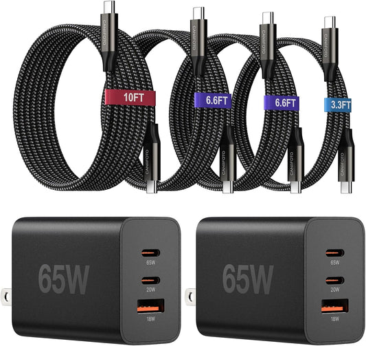 65W Super Fast Charger Type C, 3-Port 65 Watt USB C Fast Charger GaN PPS PD Wall Charging Adapter & 3/6.6/6.6/10FT Cable for Samsung Galaxy S26 Ultra/S26+/S25 Ultra, i Phone 17/16, i Pad/Mac Book Air