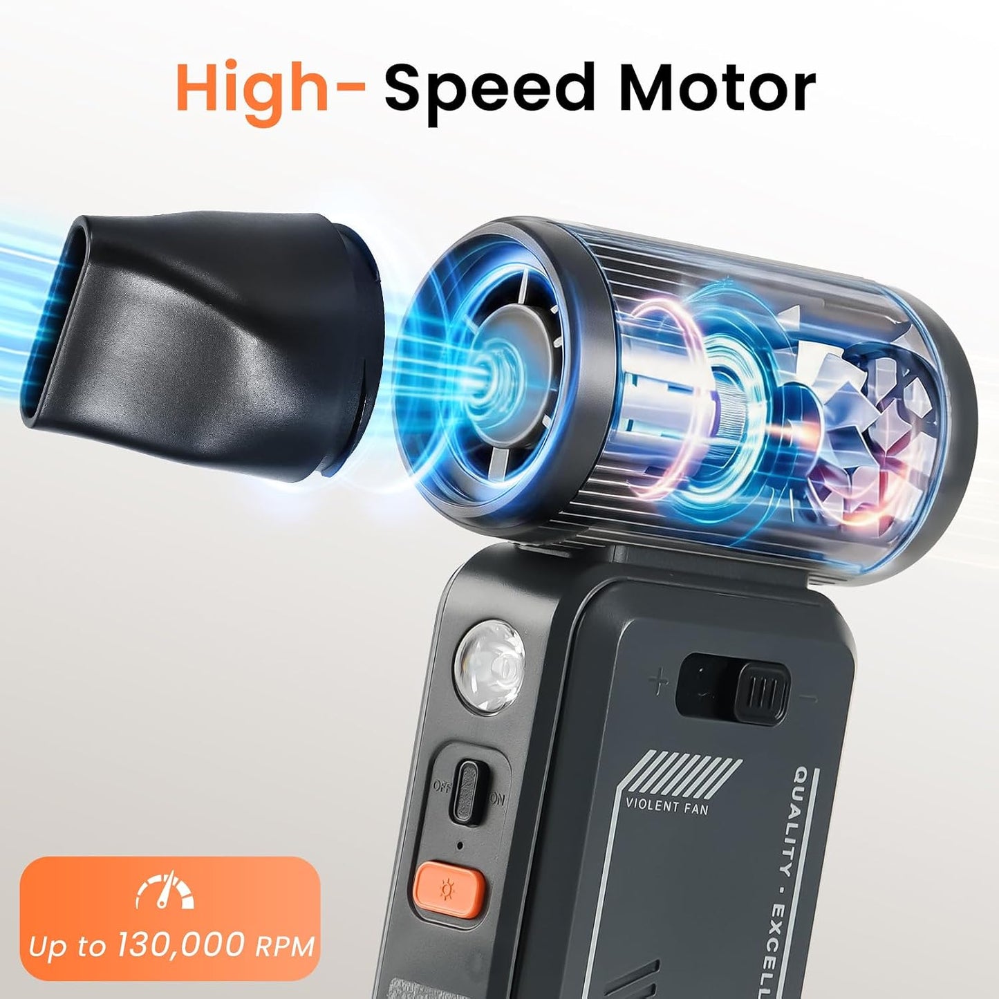 130,000 RPM Rechargeable Compressed Air Duster, Black | Stepless airflow, LED work light and 4 attachments for keyboards, computers, cars and narrow spaces