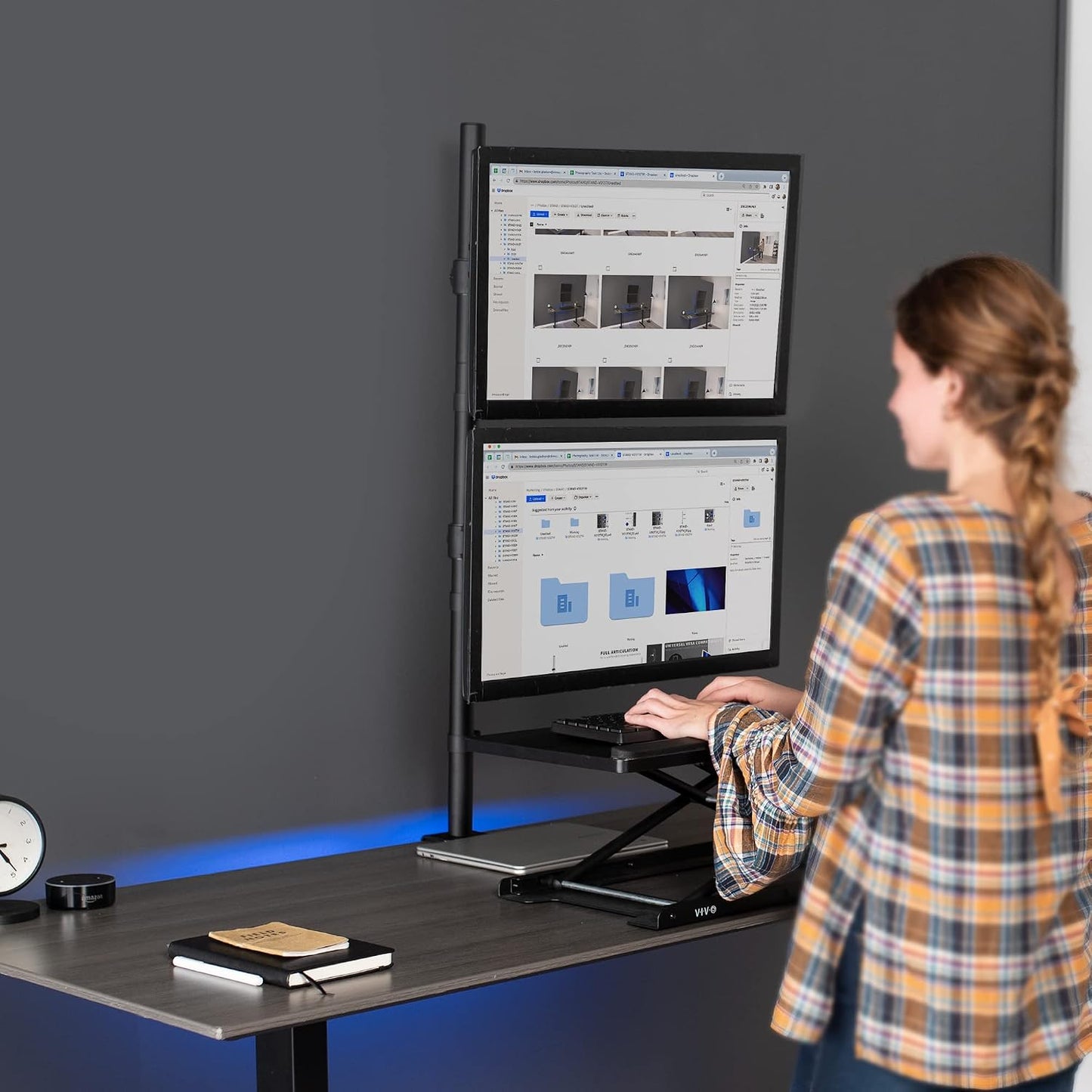 VIVO Extra Tall Vertically Stacked Dual Monitor Desk Mount Stand with 39 inch Stand-up Pole, Fully Adjustable Extended Arms, Fits 2 Screens up to 27 inches, STAND-V012T