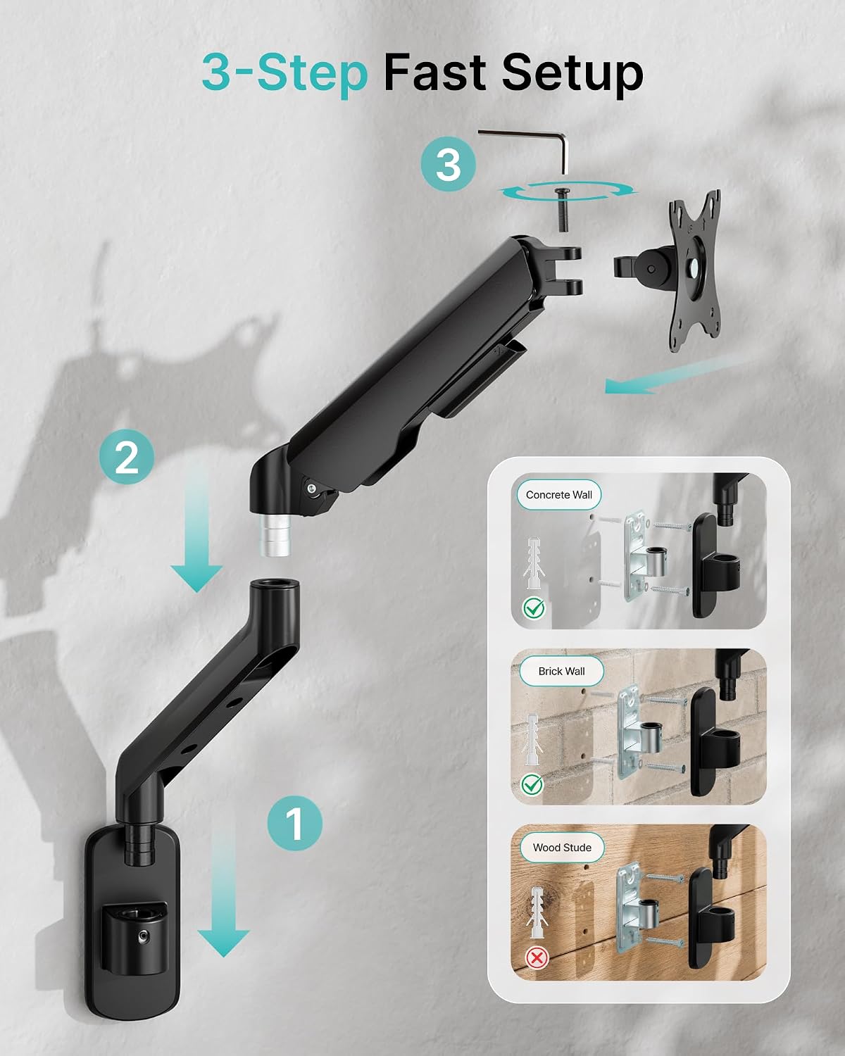 PEGZONE Single Monitor Wall Arm 17"-40" Ultrawide 26.4Lbs VESA Black | Fully Adjustable, Space Saving Design, VESA 75x75 & 100x100, For Home Office Gaming, Supports Ultrawide Displays