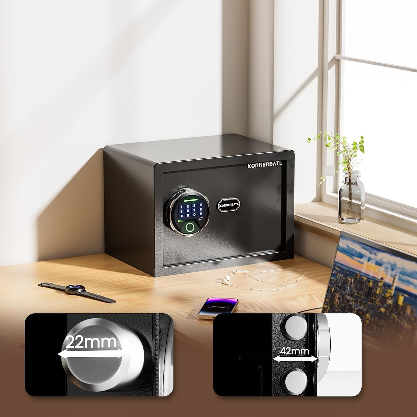 20 lb Biometric Safe with Fingerprint Lock & LED Light | 30 Fingerprint Storage, PIN Code Access, Backlit Keypad, Silent Entry, Type-C Emergency Power & Removable Shelf