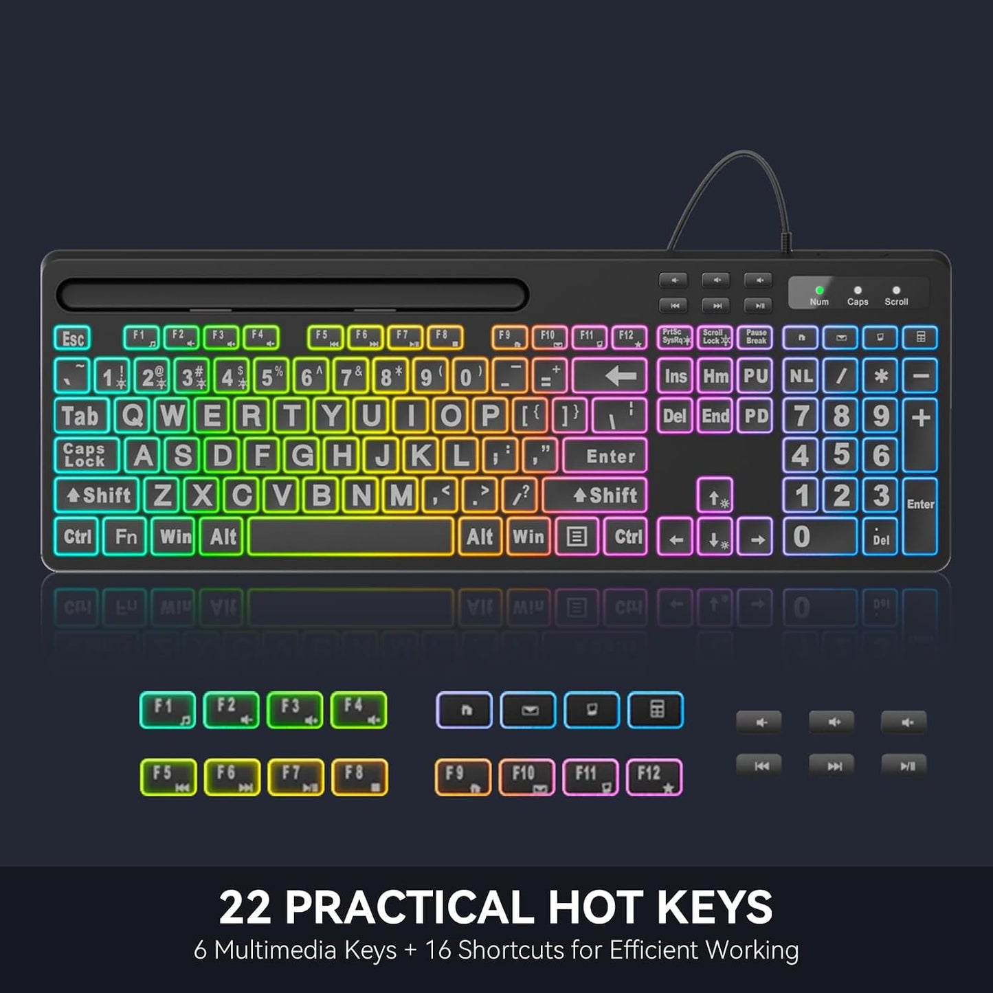 MARVO Large Print Backlit Keyboard, WK712 Wired Computer Keyboards with 7 Colors & 11 Modes Backlight, Tablet Phone Holder and Quiet Light Up Keys, Full-Size Gaming Keyboard for Windows, Mac
