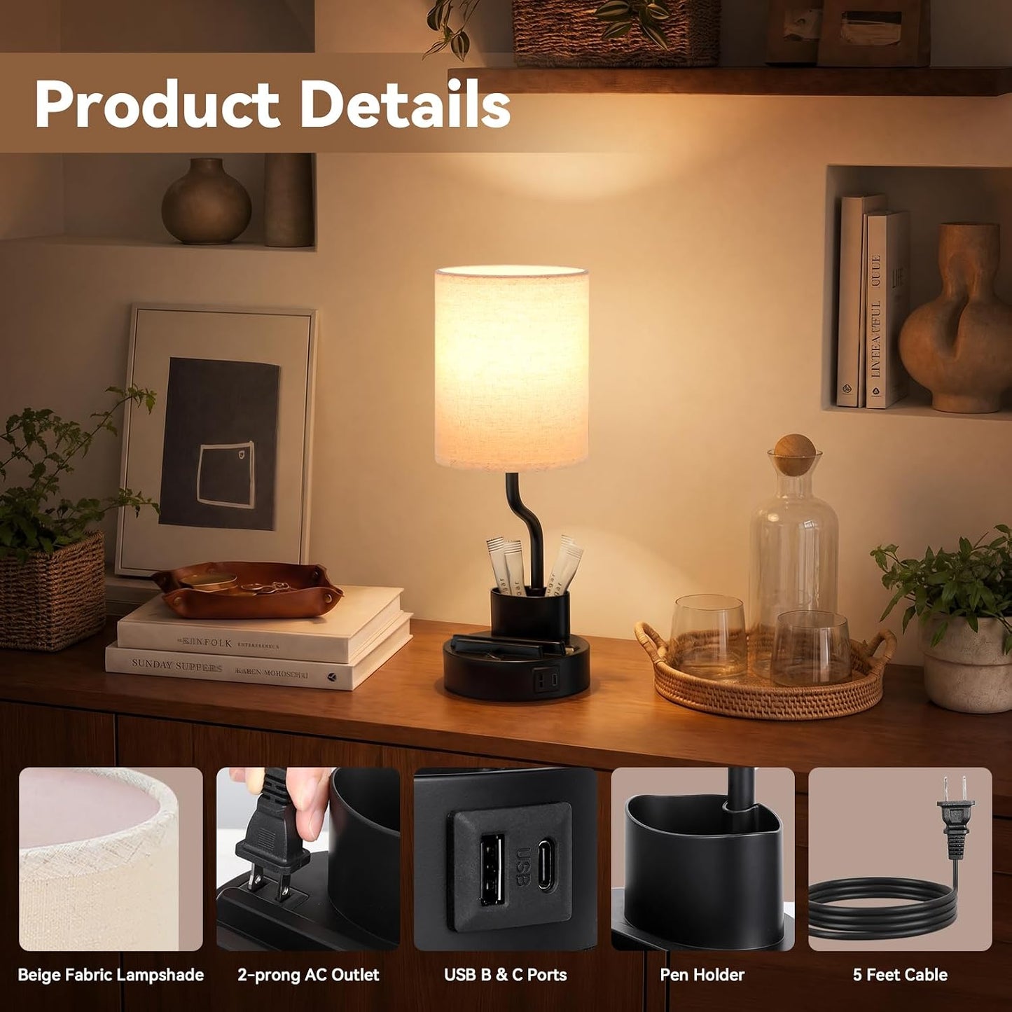 Fenmzee Bedside Lamps for Bedroom Set of 2 - Table Desk Lamp for Nightstand | 15" Table Lamp for Living Room with Pen Holder & Phone Stand, USB A+C Port, AC Outlet, 3 Color Temperature, LED Bulb Included