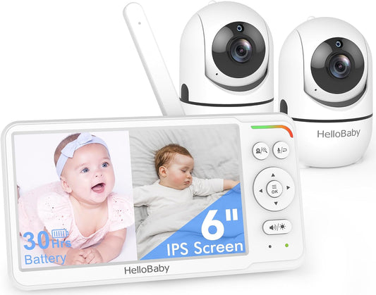 HelloBaby No WiFi Baby Monitor 2 Cameras, 6" Split Screen 30H Battery