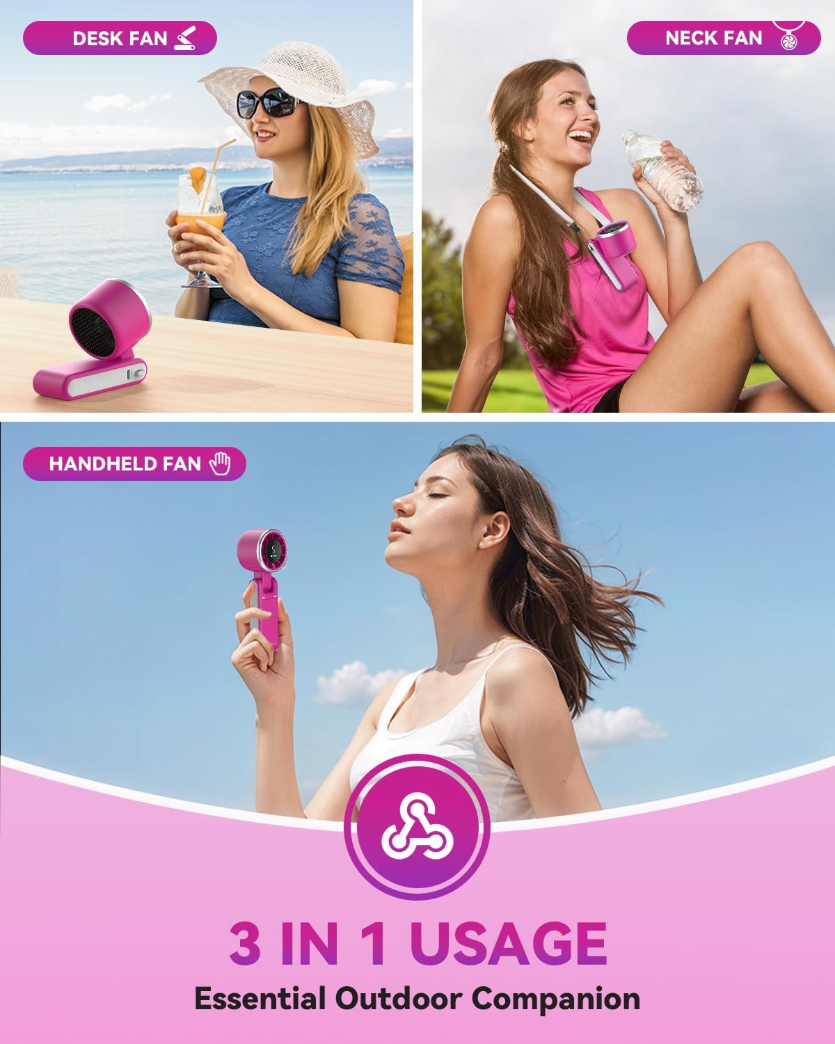PlayHot Portable Handheld Turbo Fan, Travel Essentials, Gifts for Women/Men | 5-Speed, Up to 12H, 10m/s Airflow, USB-C Rechargeable, LED Display, 3-in-1 Foldable Personal Fan for Cruise, Beach, Vacation