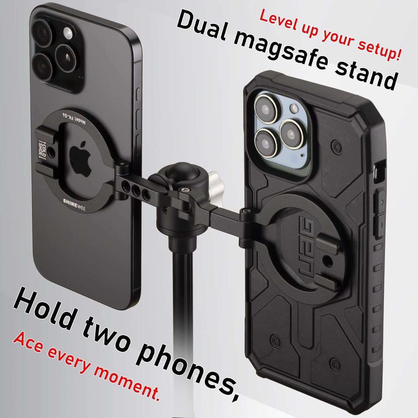 Double Sided Magnetic MagSafe Phone Holder | 360° Adjustable Phone Stand with Cold Shoe & 1/4 Thread Screw, Metal-Attachable Mount for iPhone MagSafe Series, Ideal for Vlog, Selfie & Live Broadcast