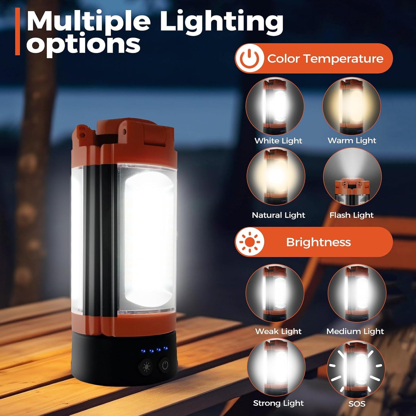 Rechargeable 12000mAh Camping Light with Adjustable Stand | Cordless Work Light with 3 LED Lamp Heads, 2200 Lumens Dimmable Magnetic Emergency Flashlight with Detachable Tripod, Orange