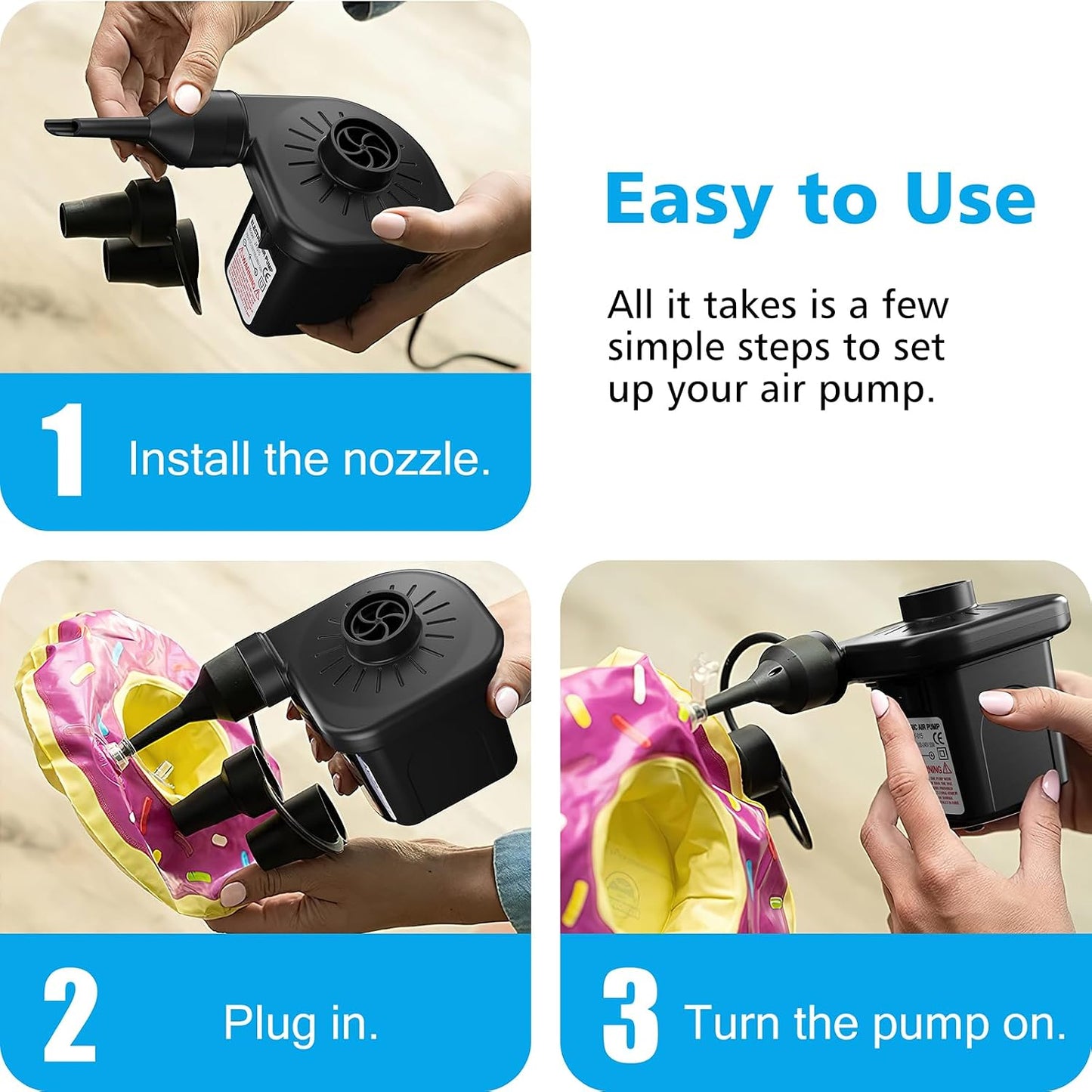 Electric Air Pump for Inflatables,Portable Quick-Fill Air Pump with 3 Nozzles,110V AC/12V DC,Inflator & Deflator Pumps for Outdoor Camping,Air Mattress Beds,Boats,Inflatable Cushion,Couch,Pool Floats
