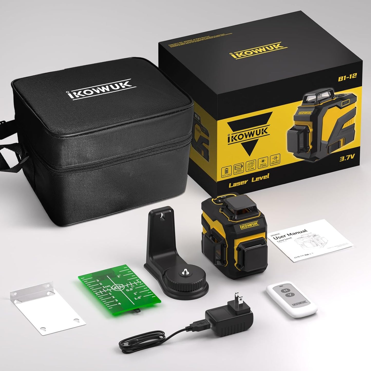 Laser Level with 12 Green Lines, Built-in 5200 mAh Li-ion Battery | 3×360° Full Coverage, for Construction and Picture Hanging