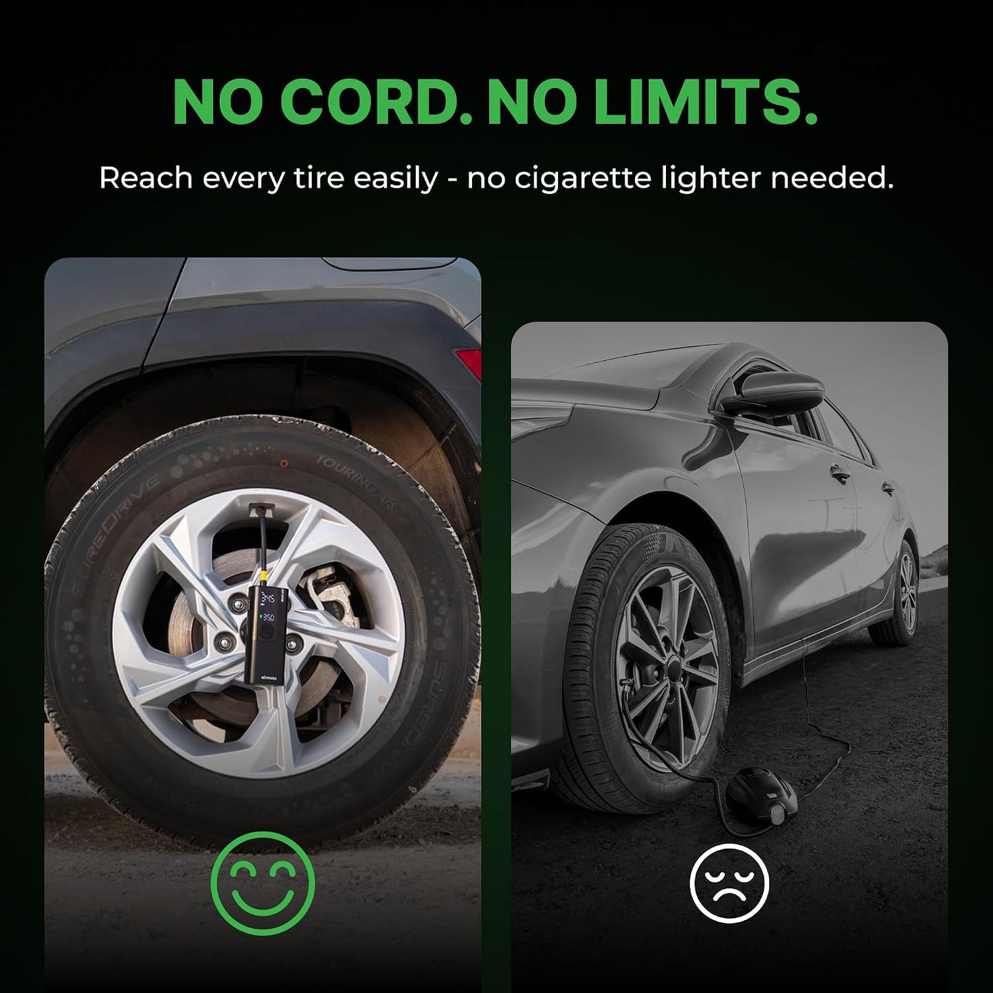 Airmoto Portable Tire Inflator and Car and Home Charger Bundle | Cordless Inflator with Digital Pressure Display, Power Kit Included for Car and Home Charging