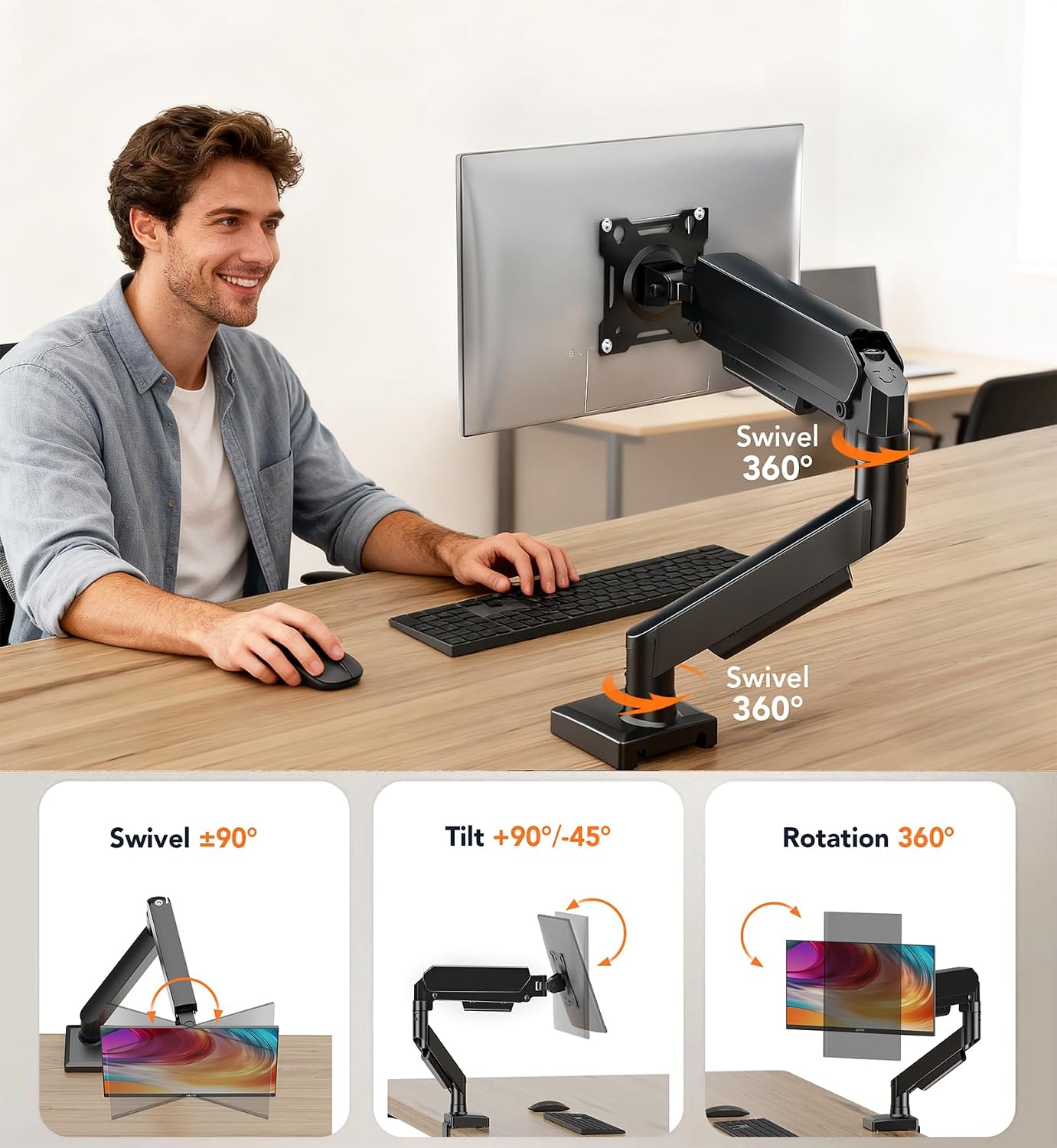 Single Monitor Mount, Gas Spring Arm for 17-32 inch Screens Adjustable Monitor Stand, Vesa Mount Stand with Clamp and Grommet Aluminum Base - Fits 4.4 to 22lbs LCD Computer Monitors HD09B-001