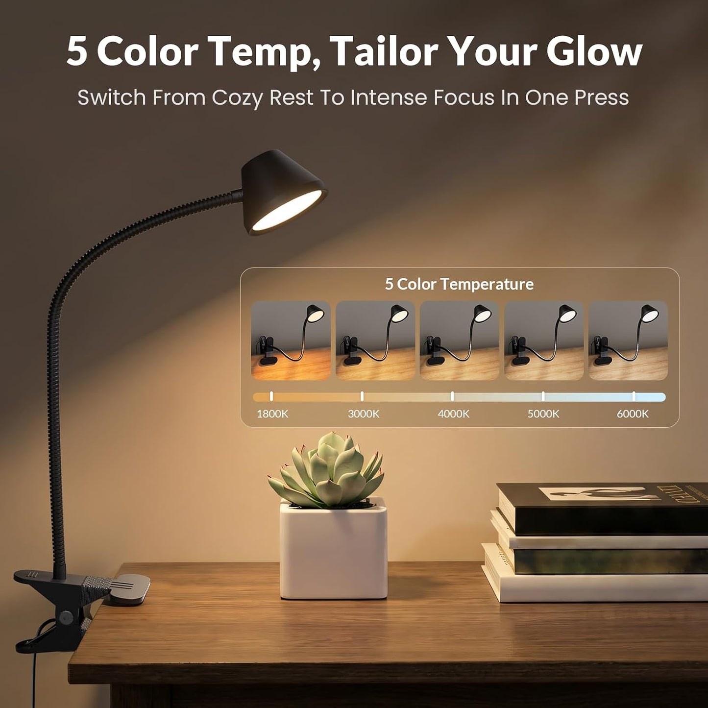 LEPOWER Clip on Light, Reading Lights for Books in Bed, 400LM, RG0 Eye-Care | 5 Colors & Stepless Dimming, Amber Glow Light & Auto Timer, Up to 2.3" Strong Clamp with Adapter for Headboard, Bedside, Desk