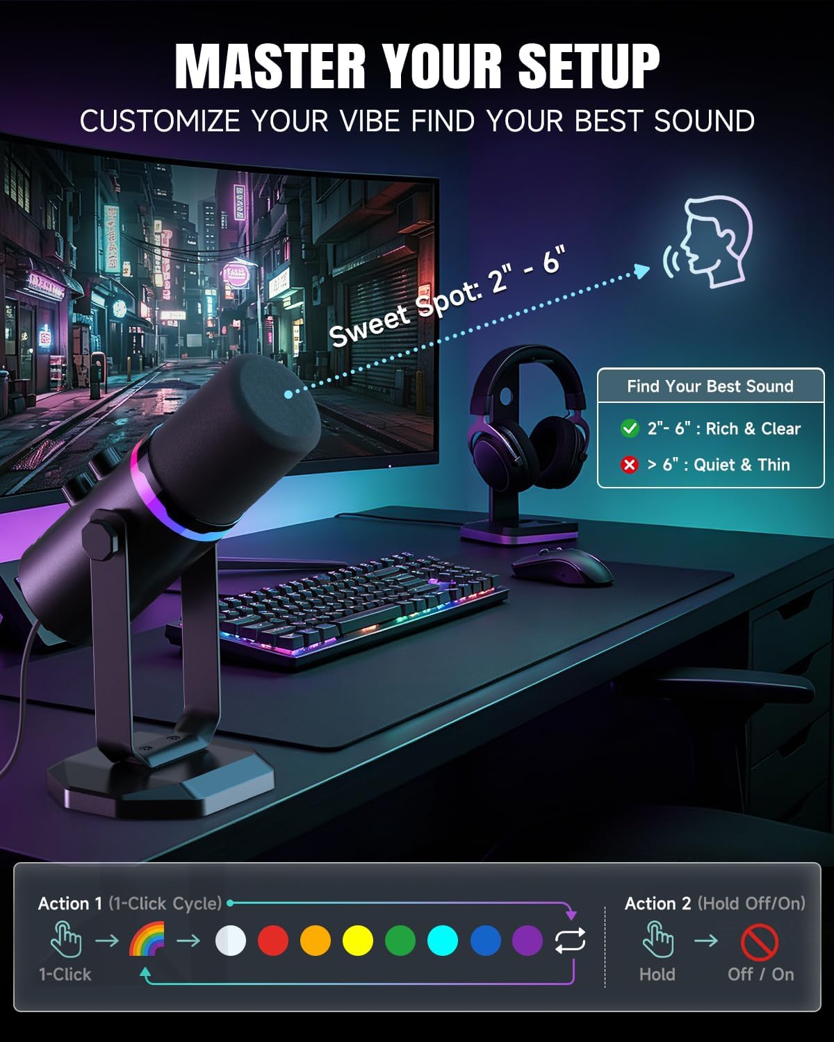 AOC USB/XLR Dynamic Microphone for PC Gaming, Podcast & Recording, Dual-Mode RGB Mic& Streaming Vocal Gear with Heavy-Duty Desk Stand, Clicky Mute, 7.5ft USB & 6.5ft XLR Cables Included