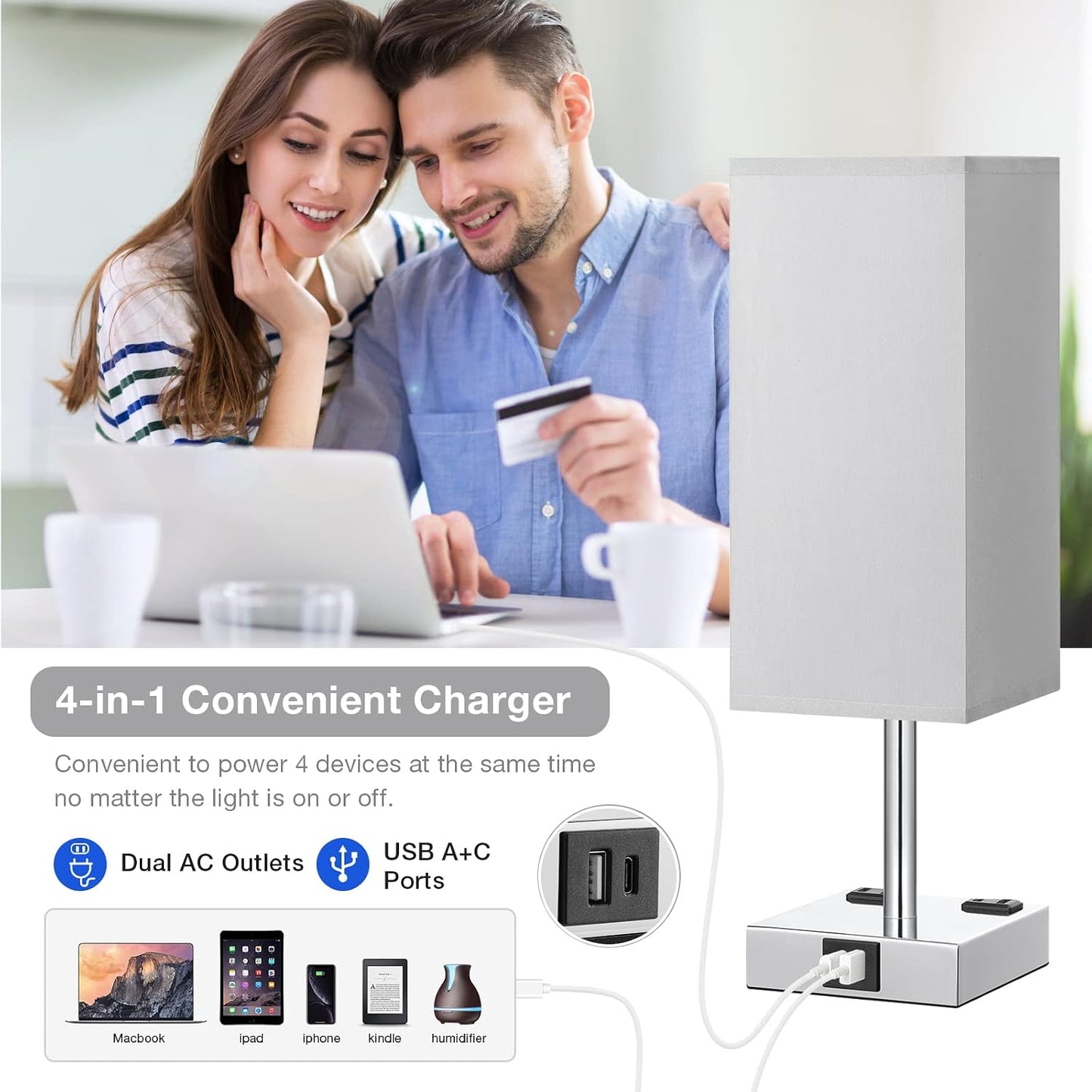 Touch Bedside Table Lamp for Bedroom - Dimmable, USB C+A, 2 AC Outlets | 3-Way Dimming, 3000K Bulb Included, Square Grey Lampshade and Silver Base, Desk Lamp for Nightstand, Living Room, Dorm