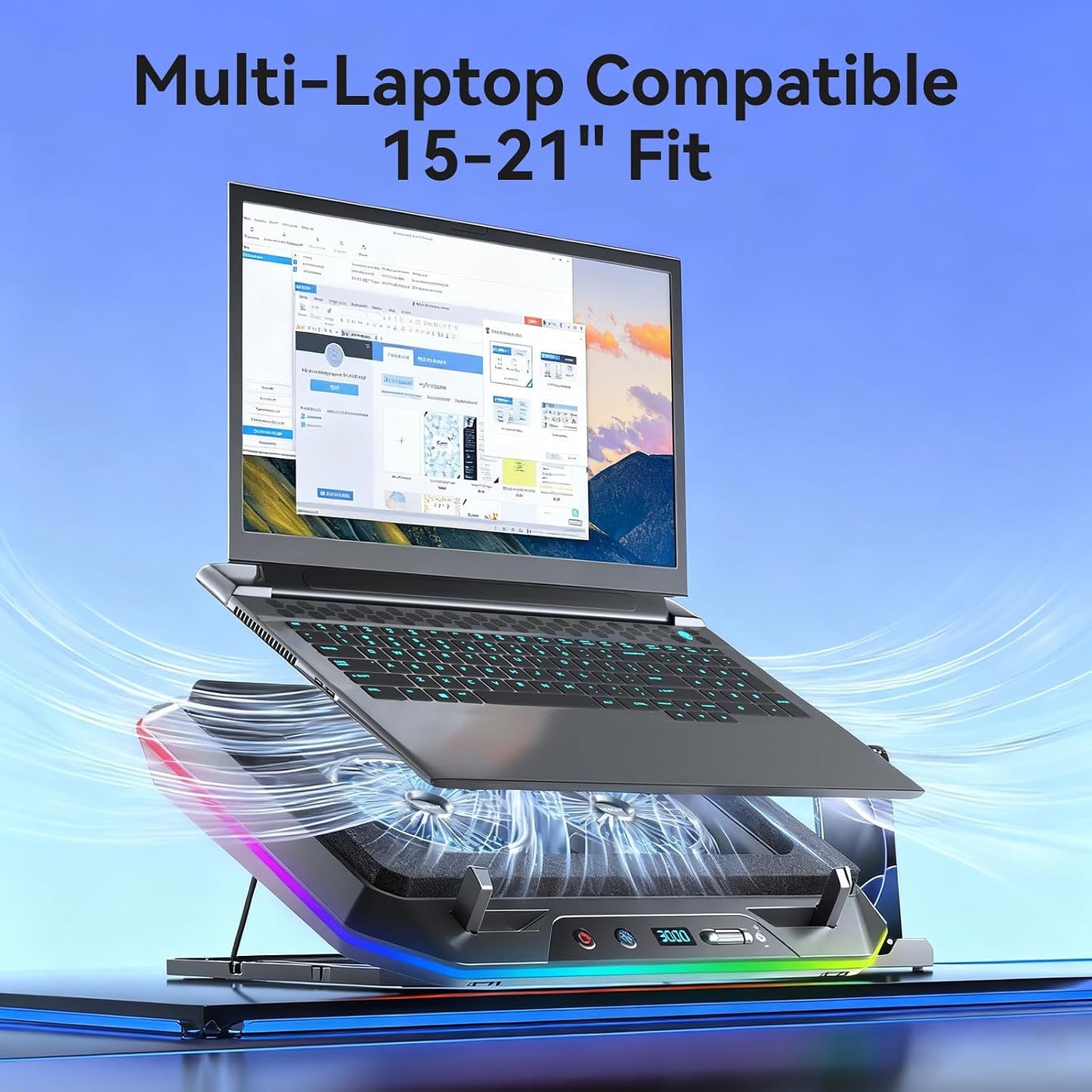 KYOLLY RGB Gaming Laptop Cooling Pad with Two Turbo Fan 3000RPM, Rapid Cooling for 15.6-19.3" Laptops, Variable Speed Control, 6 Adjustable Heights,10 RGB Lighting Modes,4 Hub