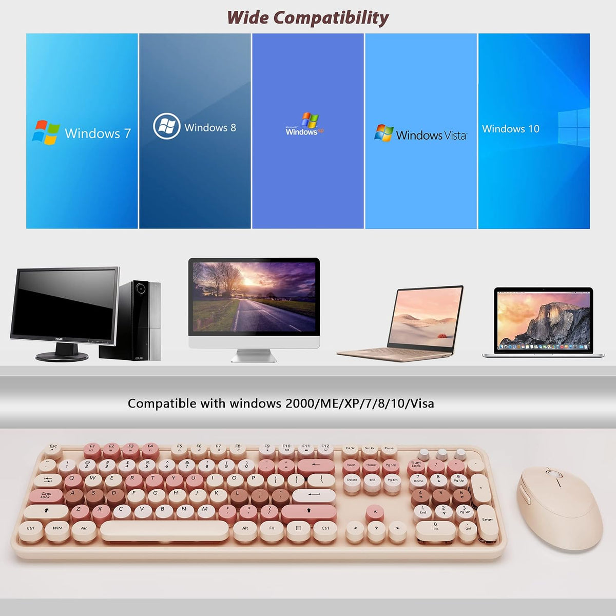 Wireless Keyboard and Mouse Cute Retro Typewriter for PC