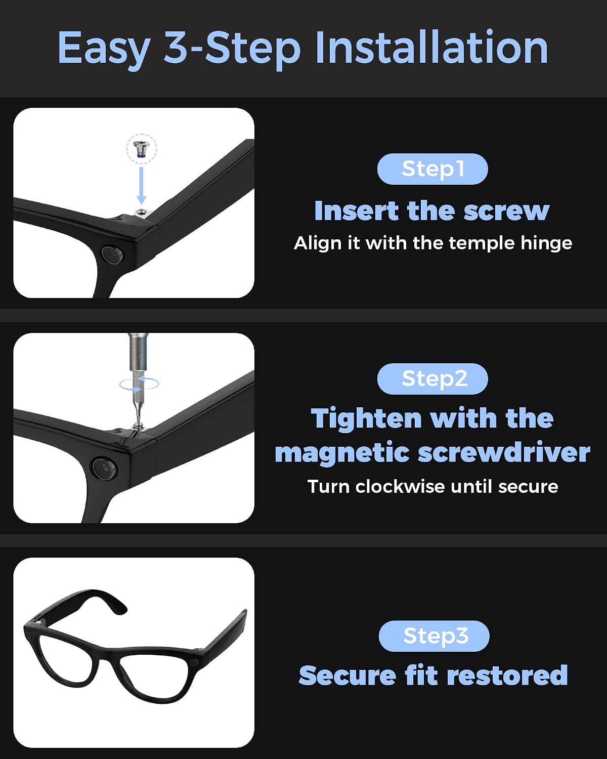 Screwdriver & Screw Kit for Ray-Ban Meta & Oakley Meta Gen 1/2 | Magnetic Eyeglass Temple Repair Tool Set with 10 Screws, Metal Case for Wayfarer Skyler Headliner Display HSTN