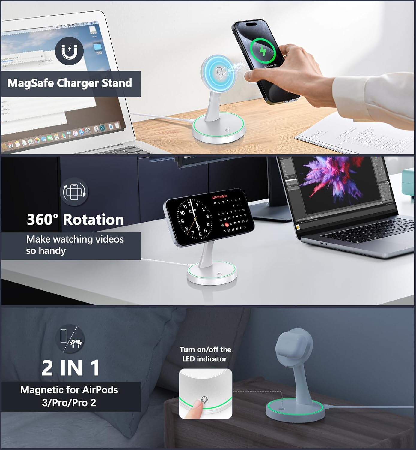Magnetic Wireless Charger Stand 15W Fast Mag-Safe Charger for iPhone 17 /17 pro/ 17 Air/ 17 pro max 16/15/14/13/12 Series Magnet Wireless Charging Station/Pad with Sleep-Friendly Light for AirPods