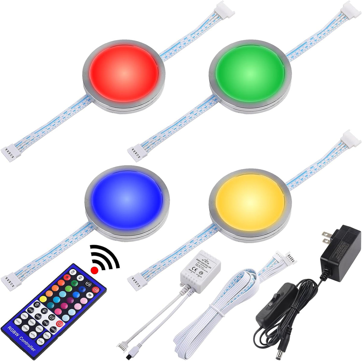 RGBWW Under Cabinet LED Puck Lights Kit Dimmable, 120VAC Plug-in, 4 Lights