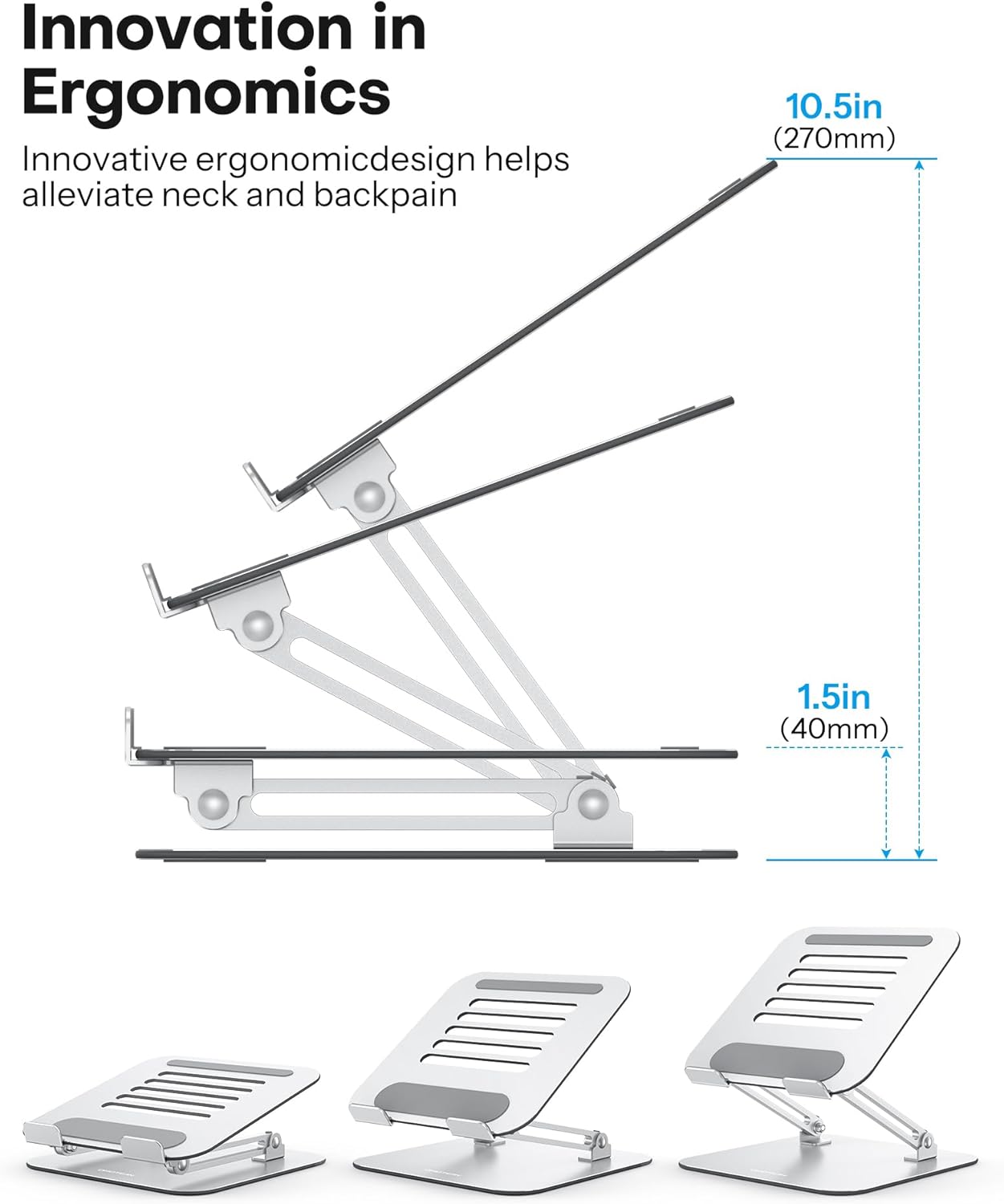 OMOTON Laptop Stand, Adjustable Metal Foldable Riser 10-17.2", Silver | Ergonomic Cooling Laptop Holder, Height Adjustable to 270mm for Sit-Stand, Portable Travel