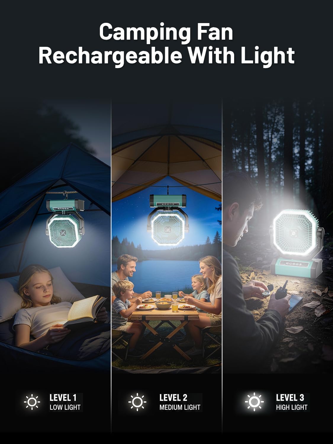 Portable Rechargeable Fan - 9-Inch Camping Fan for Tent, 24000mAh(60Hrs) Battery Operated Fan for Camping, Auto Oscillation Cordless Fans, Tent Fan with Remote/Light, 4 Speeds, 4 Timing, Outdoor