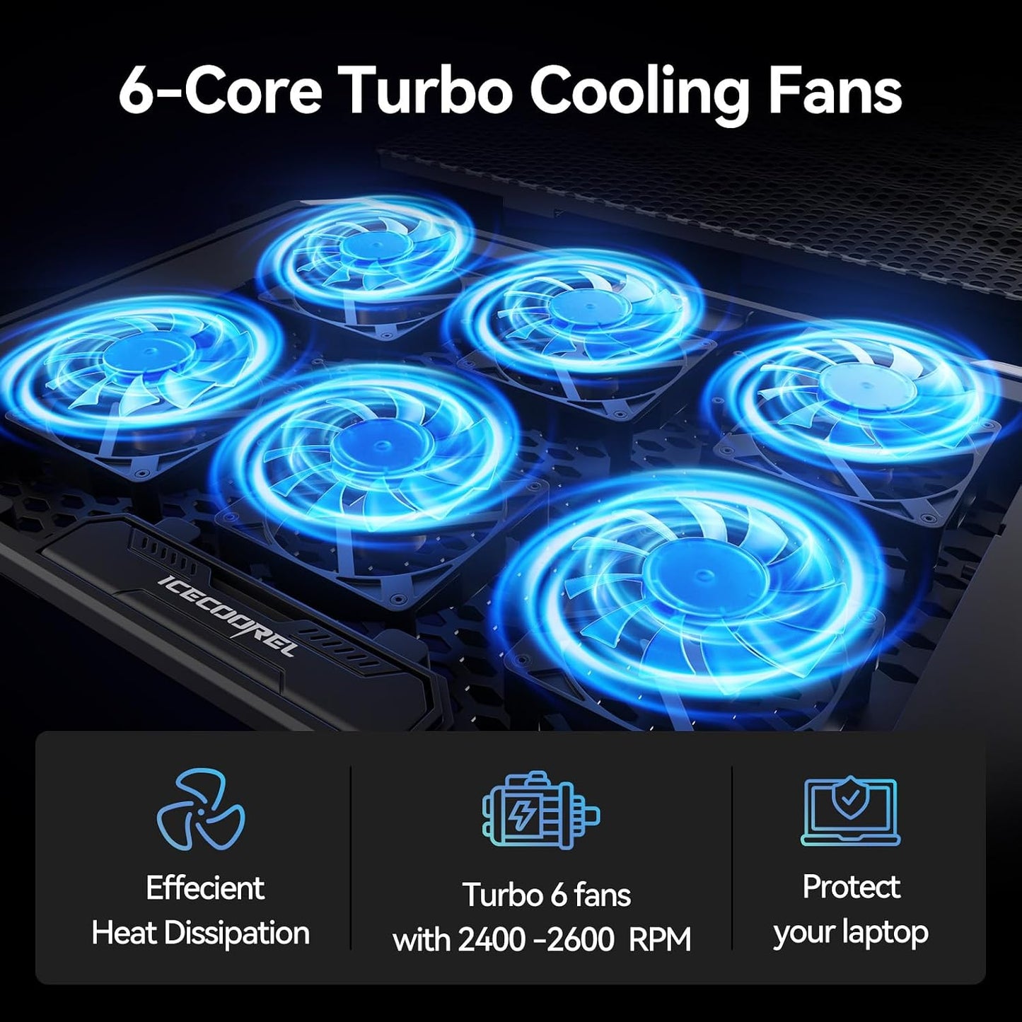 Laptop Cooling Pad with 6 Cooling Fans, Cooling Pad for Laptop Fan 13-15.6 Inch, Laptop Cooler Stand with 6 Height Adjustable, Notebook Cooler Pad with Two USB Port