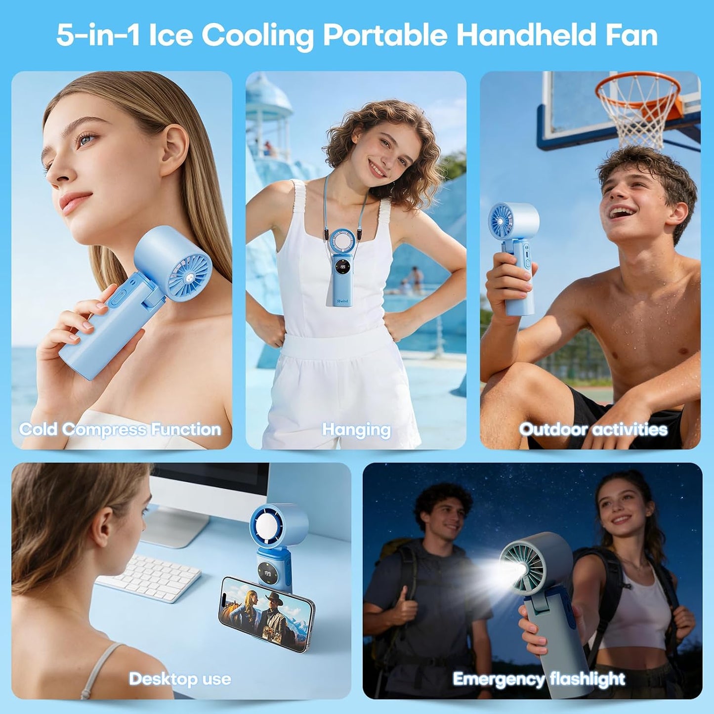 6000mAh Portable Handheld Fan with Ice Cooling, 199 Levels Stepless Speed, 20H Long Battery Life, 20000RPM Turbo Fan Rechargeable Personal Mini Fan for Travel, Outdoor, Makeup (Blue)