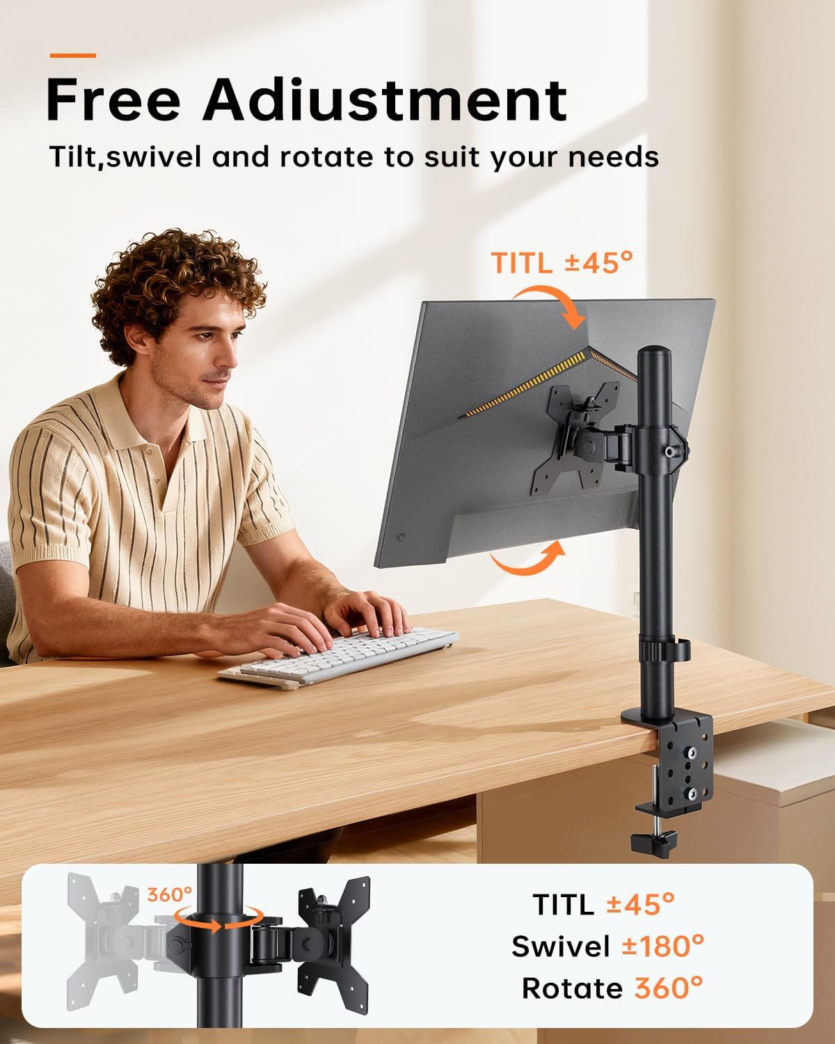 Monitor Arm Desk Mount for 13-27'' Monitors, Single Extra Tall 31.5 Inch Monitor Stand Holds up to 17.6lbs with Swivel, Tilt, Height Adjustable, C-Clamp, 75x75-100x100mm VESA