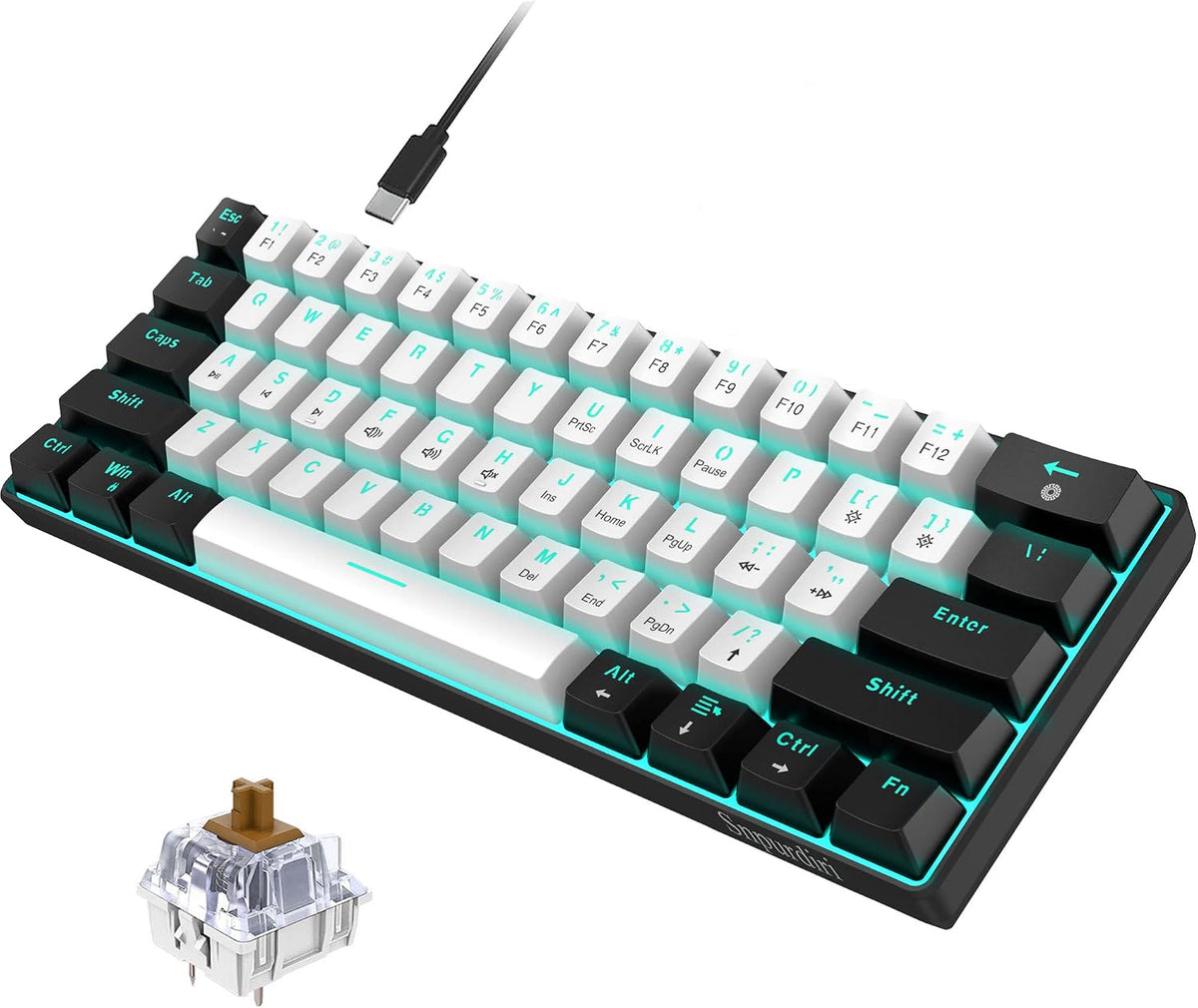 Snpurdiri 60% Mechanical Gaming Keyboard (Black-White, Brown Switches)