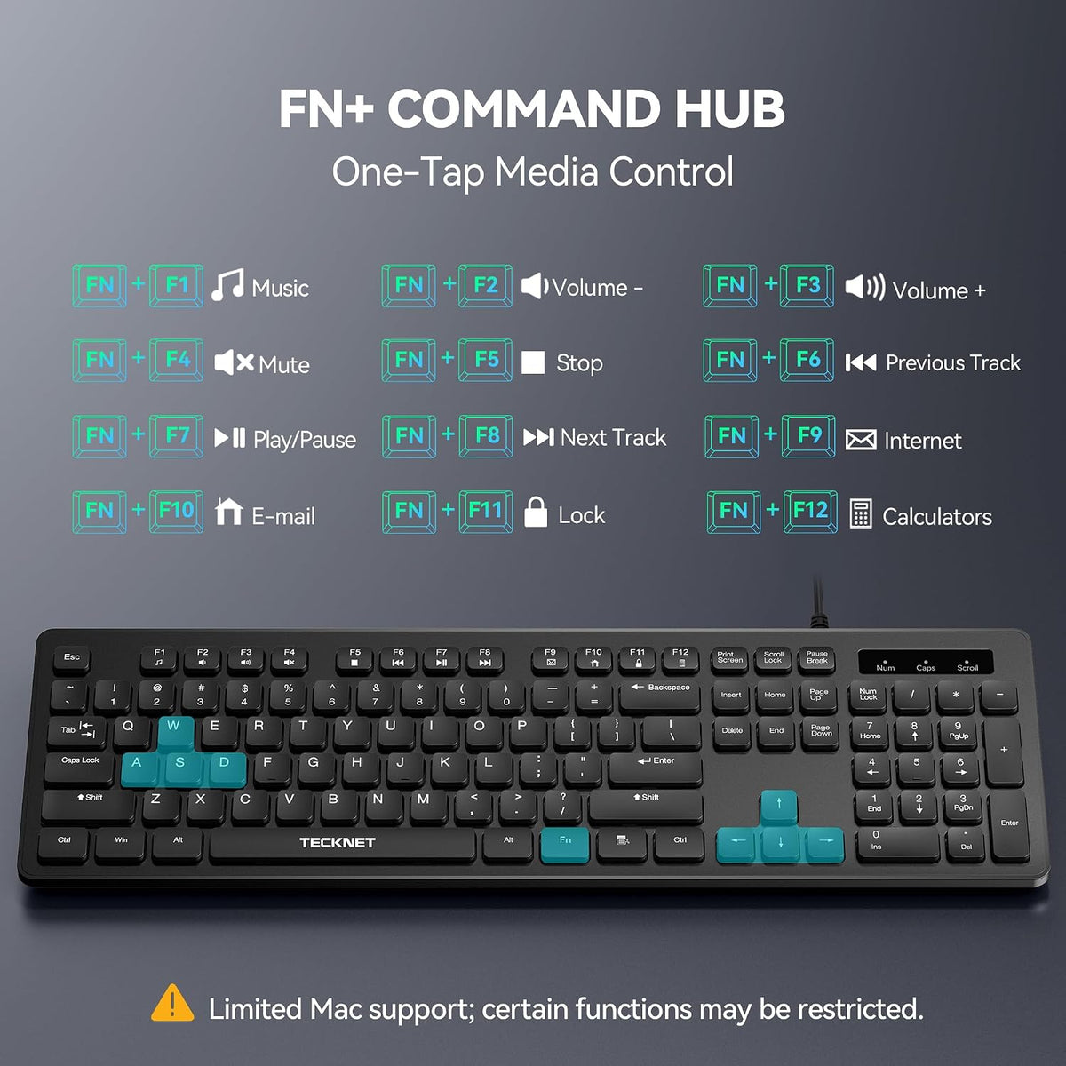 TECKNET Wired Keyboard, Silent Typing, Full-Size Layout, No Backlit | Spill-Resistant Design, USB-A Plug & Play, Slim Membrane Keys, Office Ready, PC, Laptop & Mac Compatible