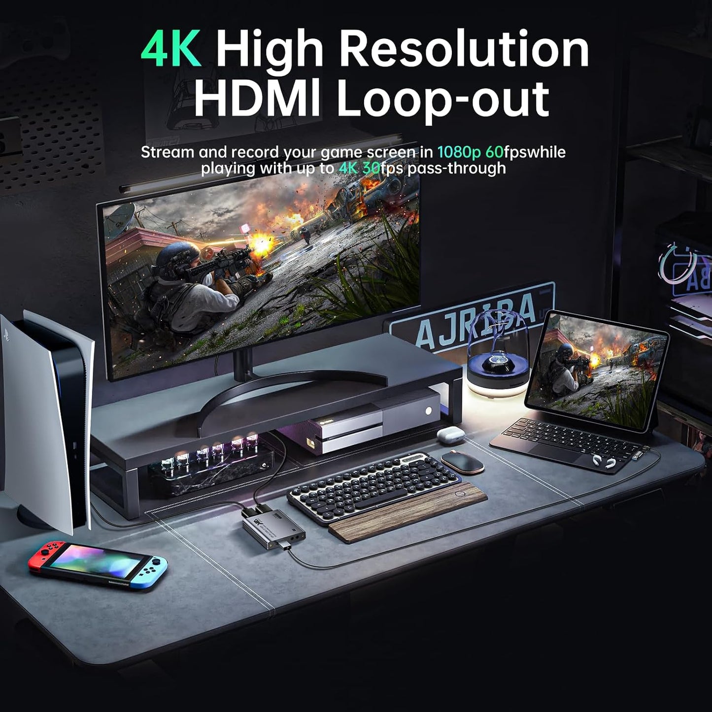 USB3.0 HDMI Capture Card, 4K Passthrough, 1080P60 2K30 Recording | Aluminum shell, low latency. For stream, record & online class; supports OBS, Twitch, Zoom, Teams, PS5, Switch, PC, camera