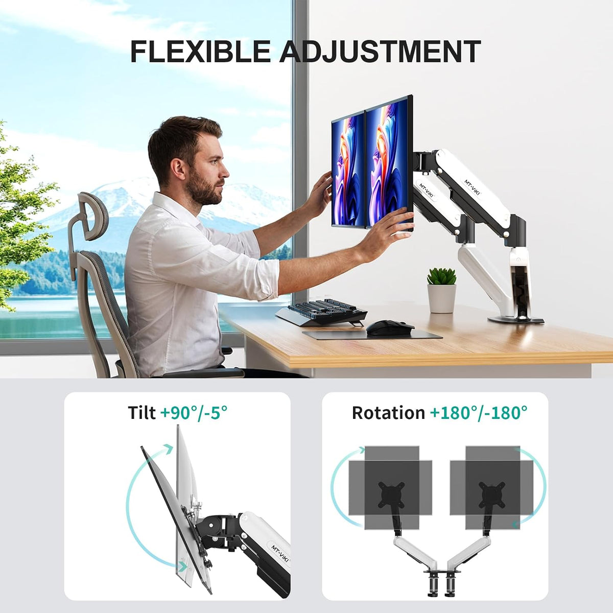 MT-VIKI Dual Monitor Stand - Gas Spring Double Monitor Arm with Quick Release VESA Plates for 2 Screens 17-32 Inch, Full Motion Articulating Desk Mount, Holds 4.4-19.8lbs