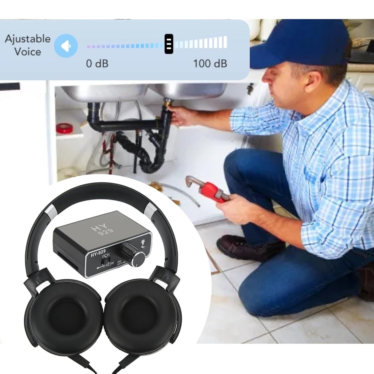 Water Leak Detector Tool, Dual Probe Underground Water Pipe Leakage Detection Test Kit with Headphone for Home, Indoor and Outdoor (US Plug)