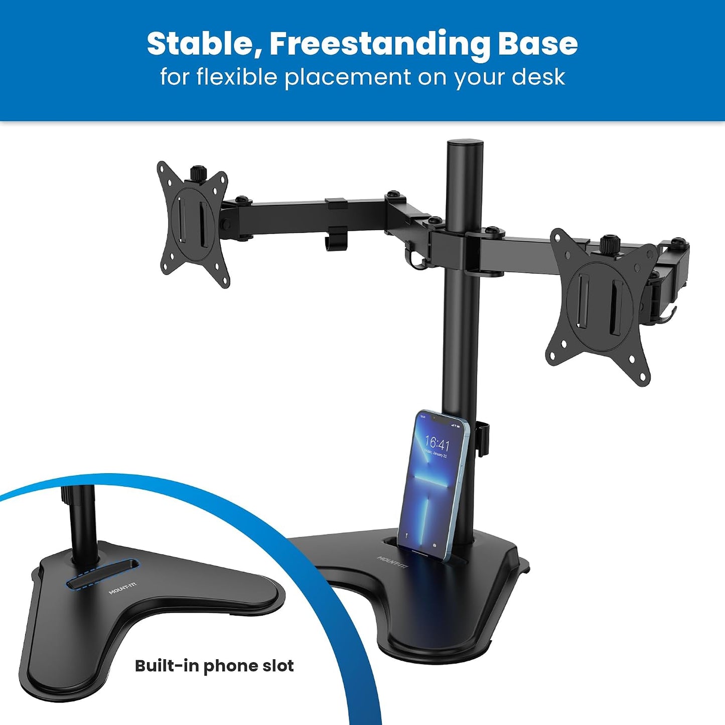 Mount-It! Dual Monitor Desk Stand Mount for 2 Screens VESA 75x75 & 100x100 | For Monitors up to 32”, Height Adjustable with Tilt, Swivel & Rotation