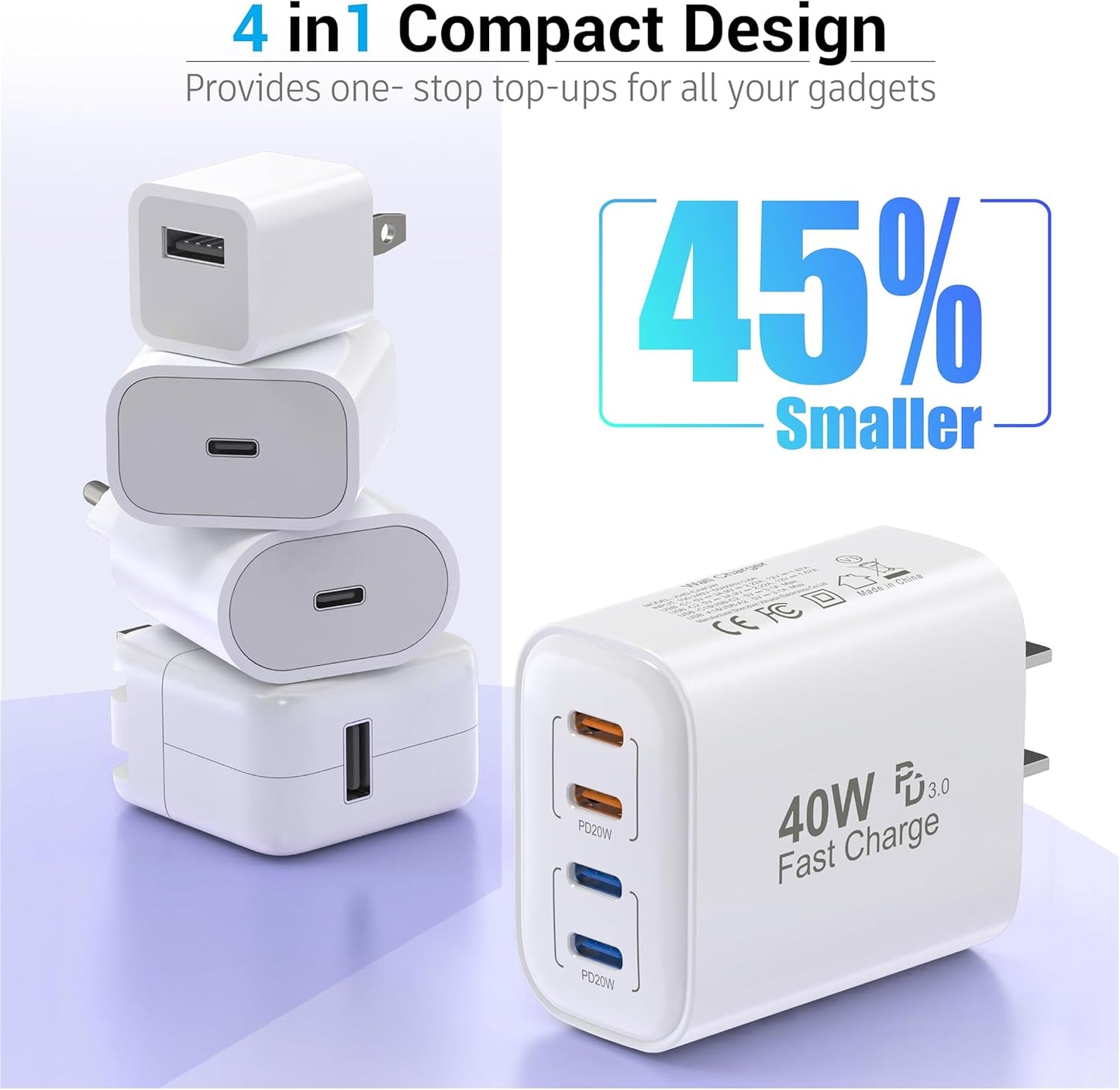 TT&C 40W USB C Charger Block, 2-Pack Type C Wall Plug for iPhone 17, 16, 15 | 4 USBC Ports Fast Charging USB-C Adapter Box Cube Compatible with iPhone 14/13/12 Pro Max Air & Samsung phone (White)