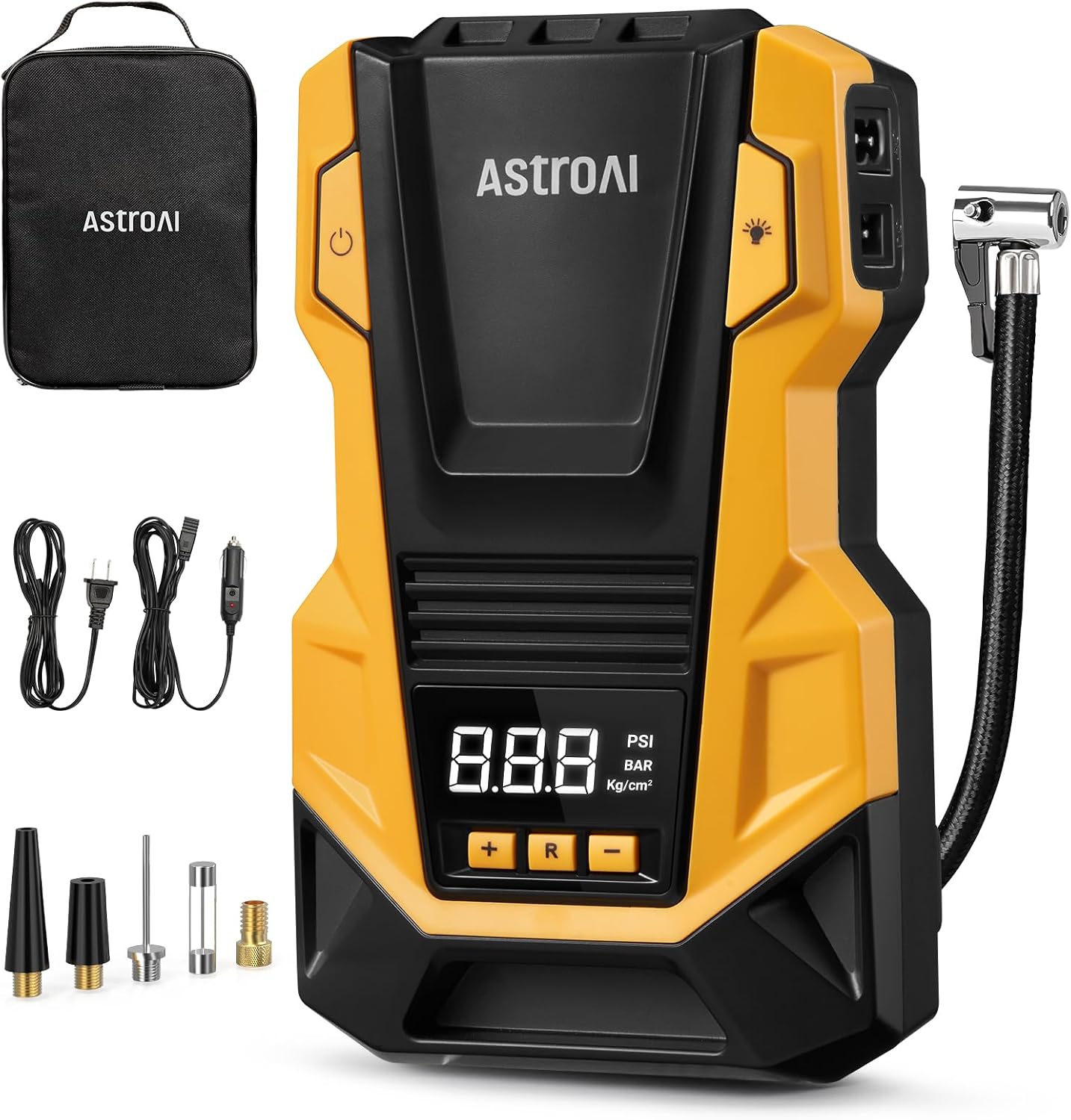 AstroAI Tire Inflator Portable Air Compressor, 110V AC/12V DC Dual Power | Electric Air Pump with 150PSI Max Pressure & LED Light, Fast Inflation for Cars, Bikes, Motorcycles, and Inflatables, Yellow