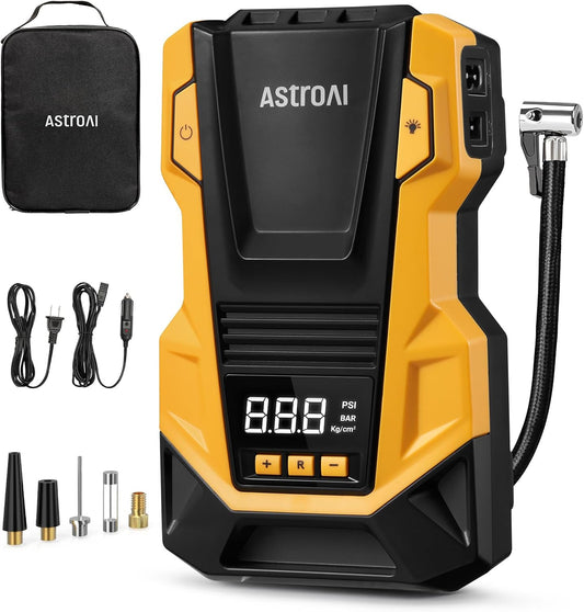 AstroAI Tire Inflator Portable Air Compressor, 110V AC/12V DC Dual Power | Electric Air Pump with 150PSI Max Pressure & LED Light, Fast Inflation for Cars, Bikes, Motorcycles, and Inflatables, Yellow