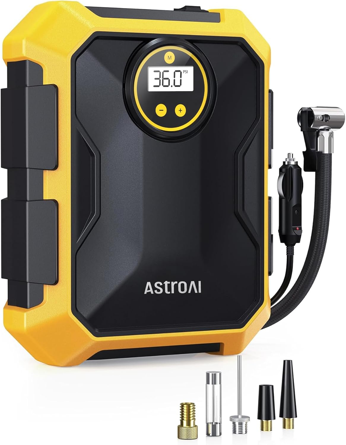 AstroAI Tire Inflator Portable Air Compressor 12V DC Integrated Storage | 9.8Ft Cord Digital Gauge Auto ShutOff LED Light Fast Inflation Air Pump for Car Tires Bike Ball Motorcycle Inflatables Yellow