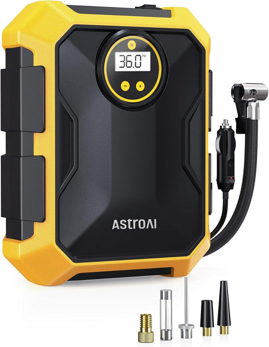 AstroAI Tire Inflator Portable Air Compressor 12V DC Integrated Storage | 9.8Ft Cord Digital Gauge Auto ShutOff LED Light Fast Inflation Air Pump for Car Tires Bike Ball Motorcycle Inflatables Yellow