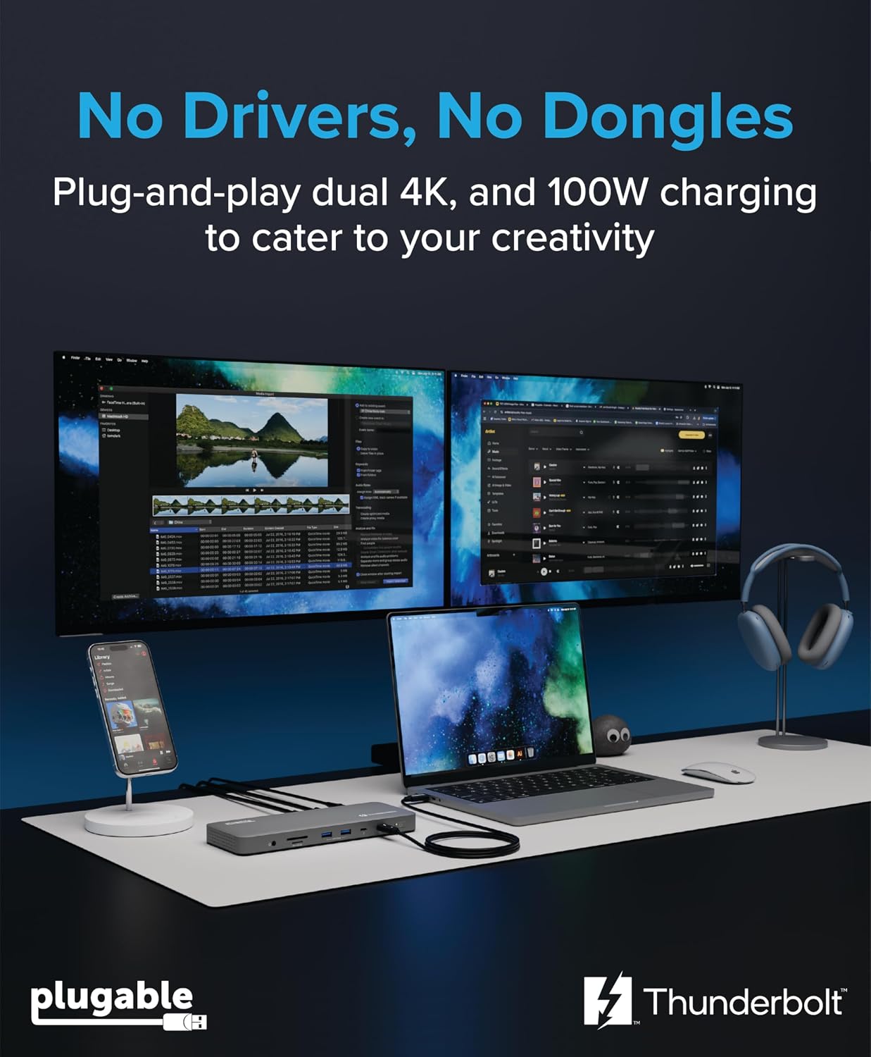 Plugable Thunderbolt 4 Dock for M4/M5 MacBook Air & Pro: 100W Charging Driverless Laptop Docking Station with 4K HDMI Dual Monitor or Single 6K, 6X USB, SD, Ethernet, Thunderbolt Certified (TBT-UDM)