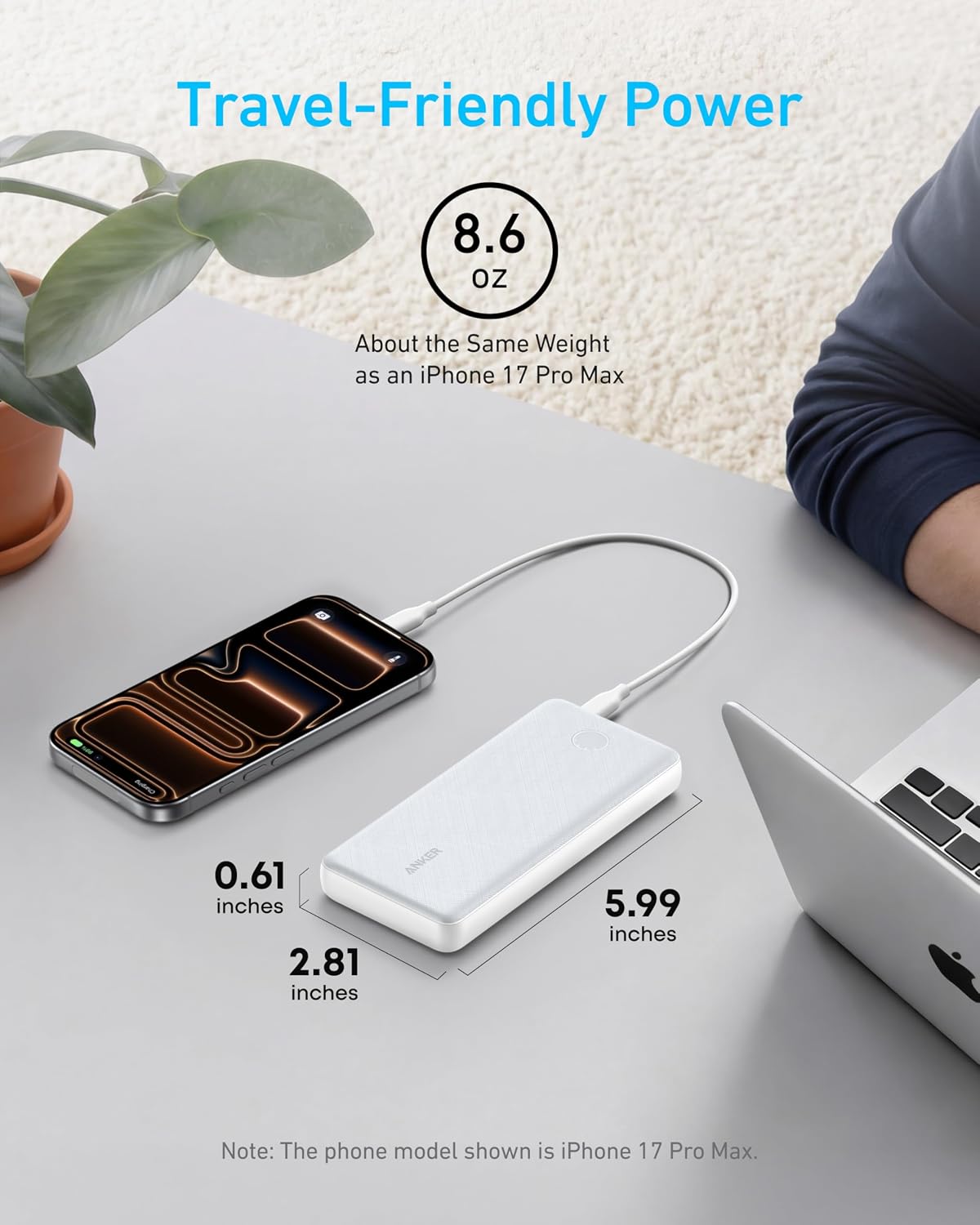 Anker Power Bank, 10,000mAh Portable Charger, PowerIQ USB-C Battery Pack | 5V / 3A High-Speed Charging, for iPhone, iPad, and More, Ultra-Compact Travel-Ready Design (White)