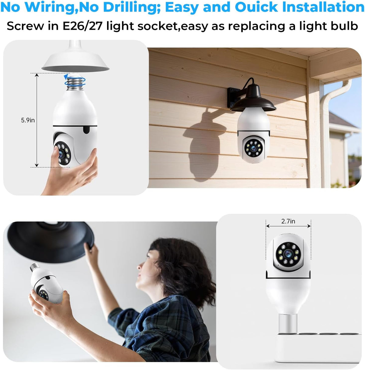 Light Bulb Security Camera Outdoor, 2K 5GHz & 2.4GHz WiFi Bulb Cameras for Home Security, 360° PTZ Wireless Cam with AI Human Detection, Color Night Vision, 2-Way Talk, Screw-in Light Socket