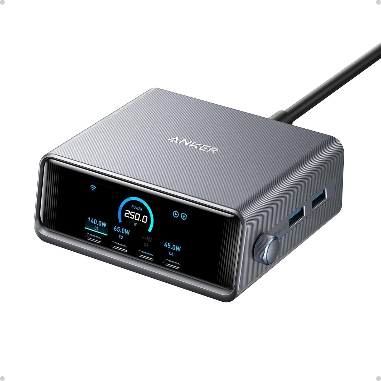 Anker Prime Charging Station, 250W 6-Port GaN USB C Charger | 2.26" LCD Smart Display Control, Compatible with iPhone, Galaxy, MacBook, Dell for Home Office, Gaming Desk Accessories
