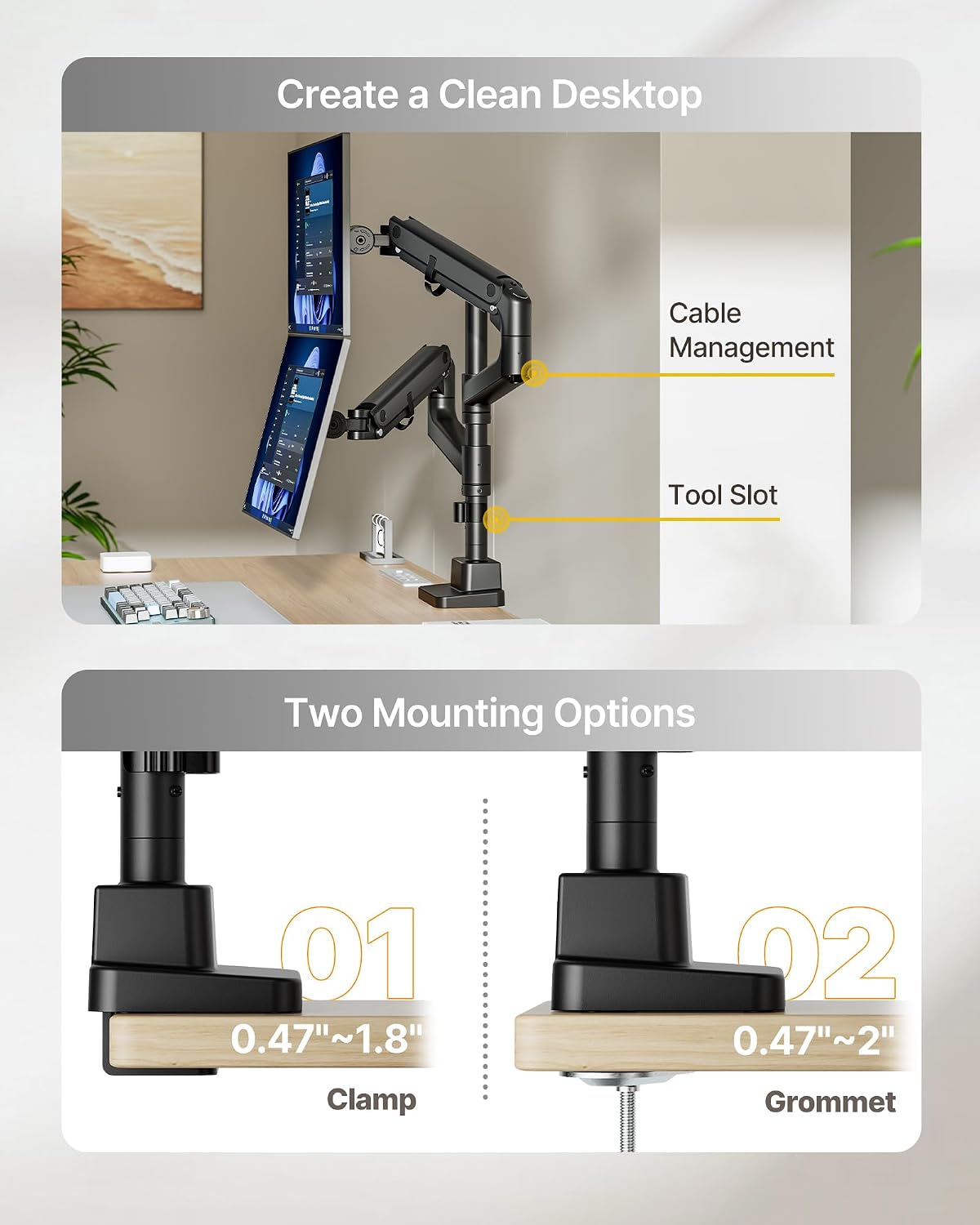 monTEK Dual Monitor Arm, Vertical Stackable 17-57", Heavy Duty，Black