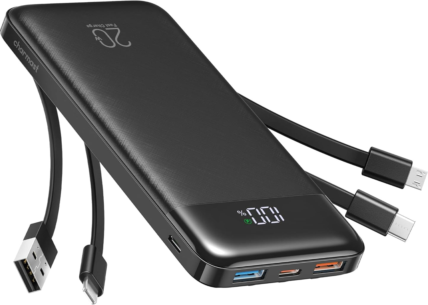 charmast 20000mAh Portable Charger with Built in Cables, 22.5W Travel Power Bank Fast Charging, USB C Cell Phone Battery Pack for iPhone 17/16/15/14/13/12 Series, iPad, Samsung, Android, Tablet