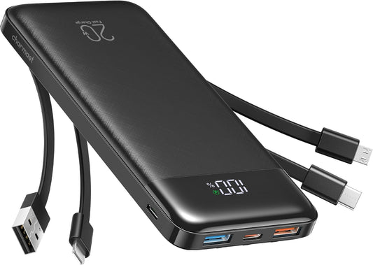 charmast 20000mAh Portable Charger with Built in Cables, 22.5W Travel Power Bank Fast Charging, USB C Cell Phone Battery Pack for iPhone 17/16/15/14/13/12 Series, iPad, Samsung, Android, Tablet